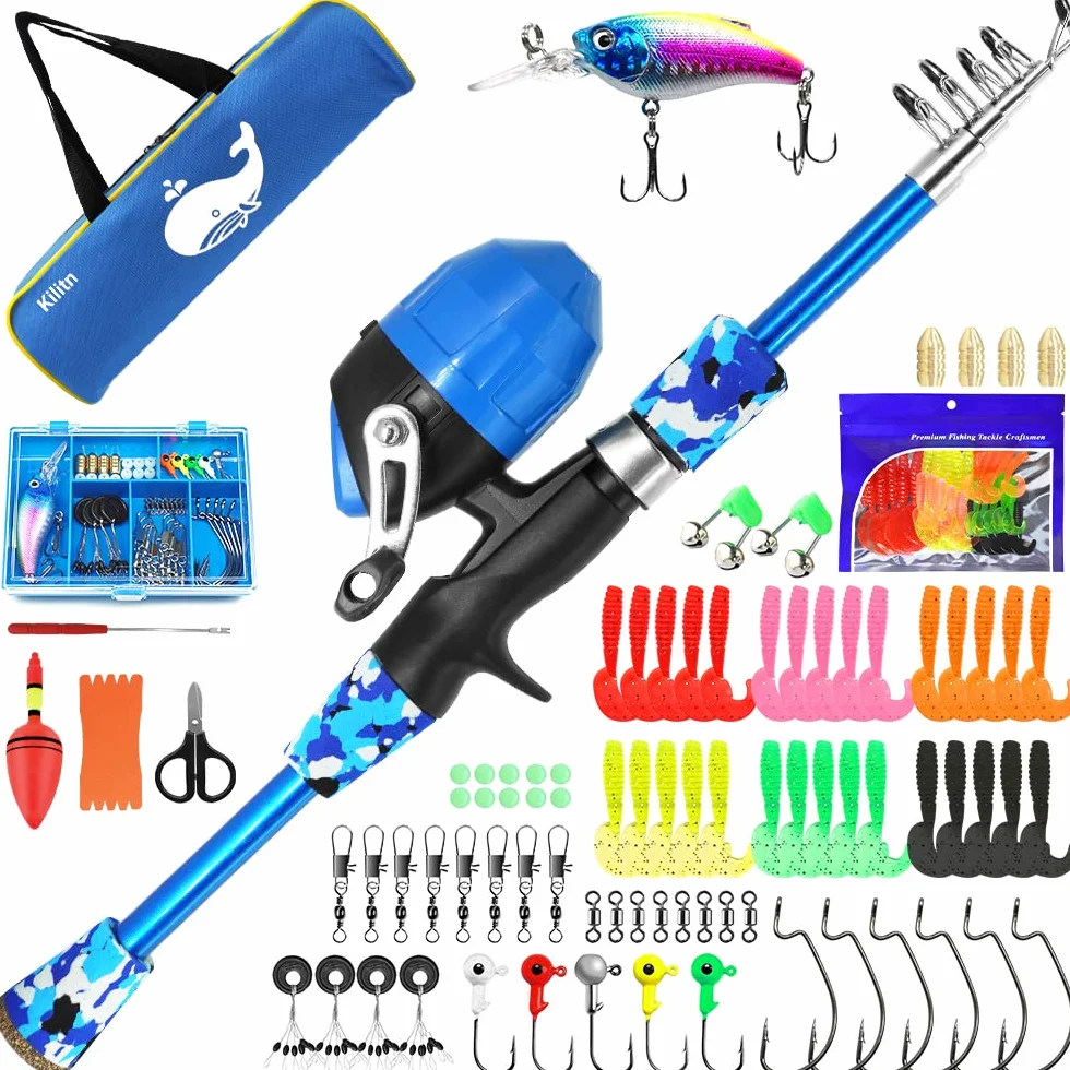 Kilitn Kit de Canna da Pesca per Bambini - 86 Pezzi, Canna da Pesca Telescopica e Mulinello Spincast Set e Accessori da Pesca Borsone da Viaggio per Ragazzi, Ragazze, Giovani, Principianti