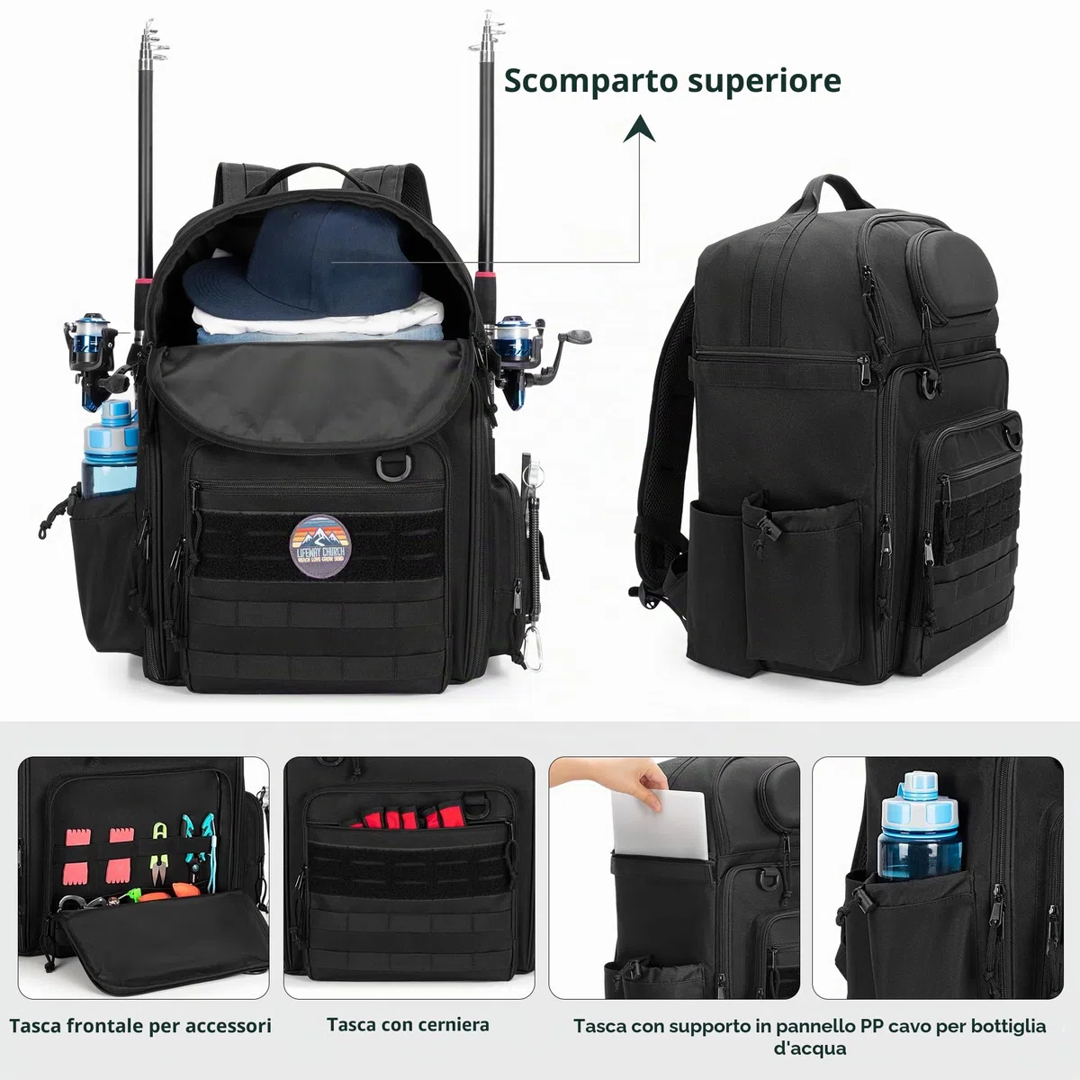 Rexmica Mochila de Pesca para 2 Cañas y Carretes, Bolsa para Cañas, Nero | con Compartimentos para Cajas de Aparejos, Ideal para Pesca, Senderismo, Camping y Trekking (Solo Bolsa)