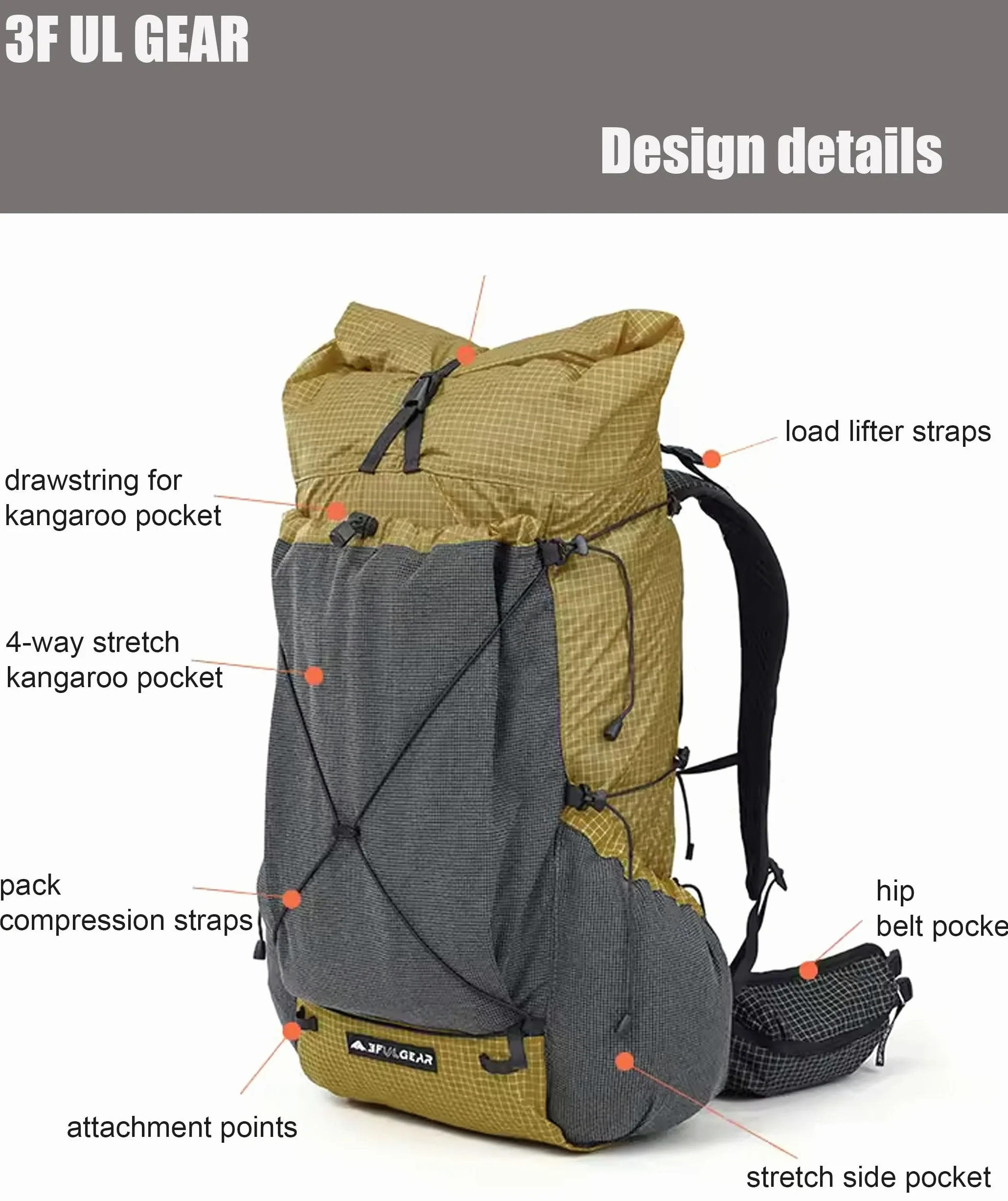 3F UL GEAR 30L + 10L UHMWPE Zaino ultraleggero impermeabile da escursionismo, campeggio, viaggi, per uomini e donne (cachi classico, L)