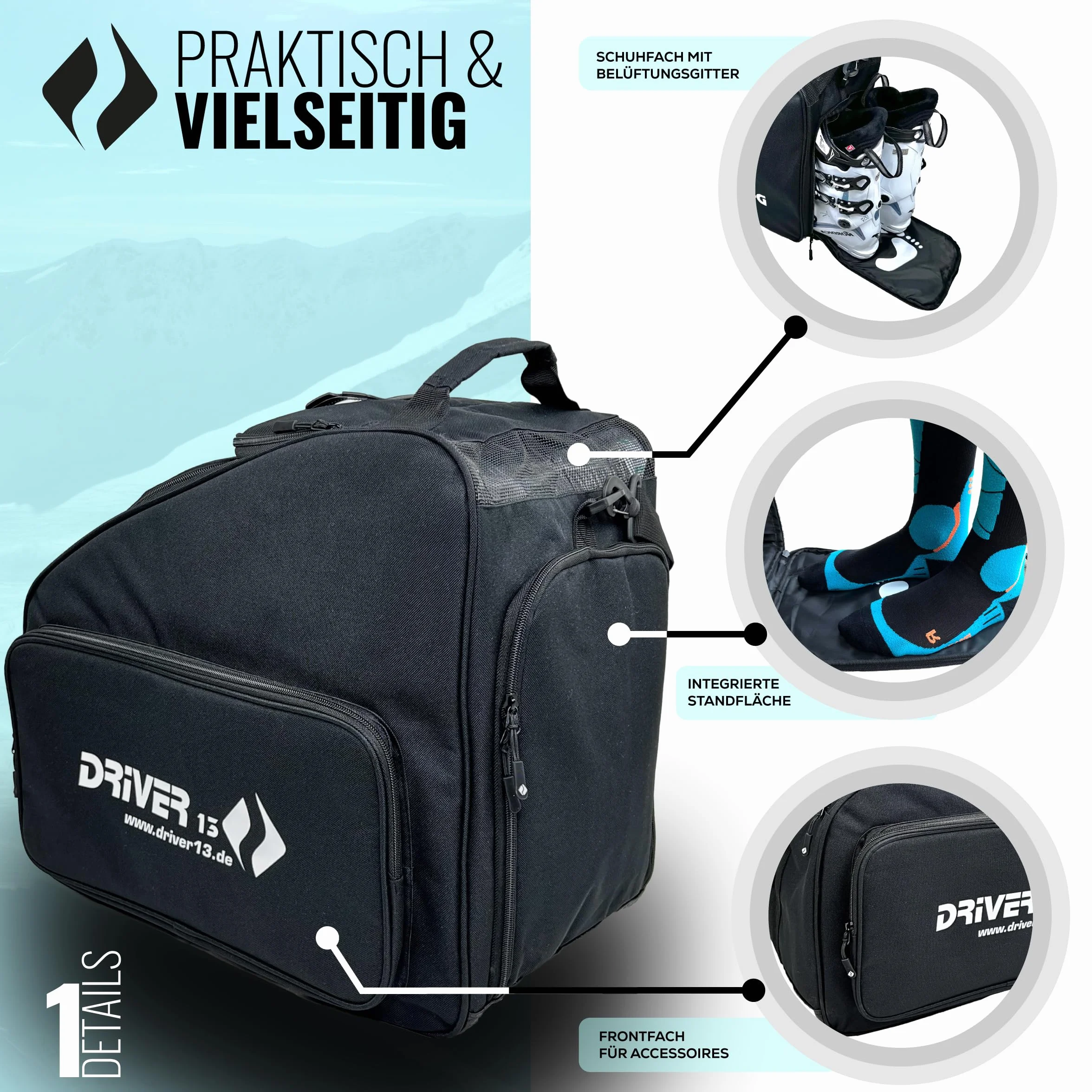 Driver13 borsa porta scarponi da sci (bootbag) con scomparto casco e scomparto maschera, per scarponi da sci e boots snowboard, tasche extra, nero