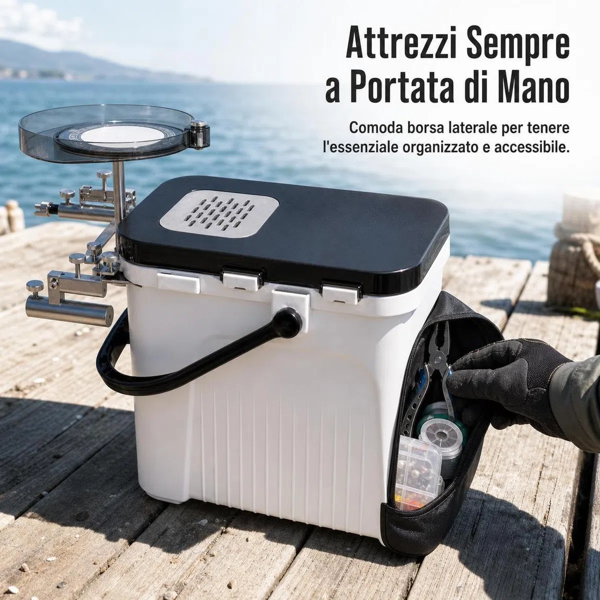 Secchio per pescatori con sedile porta attrezzatura, secchiello