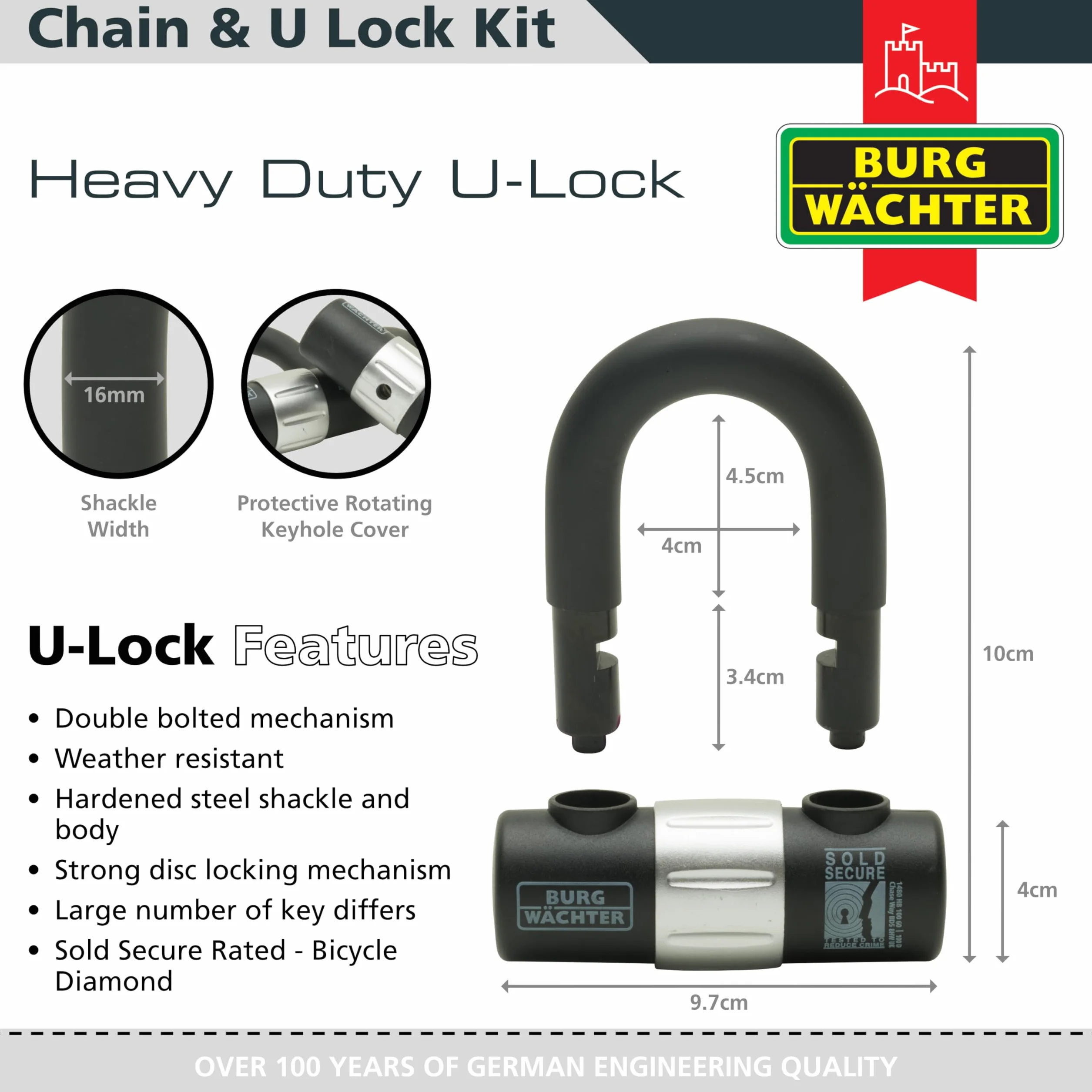 Burg-Wachter - Kit catena e lucchetto per bicicletta, 1 m, colore: Nero