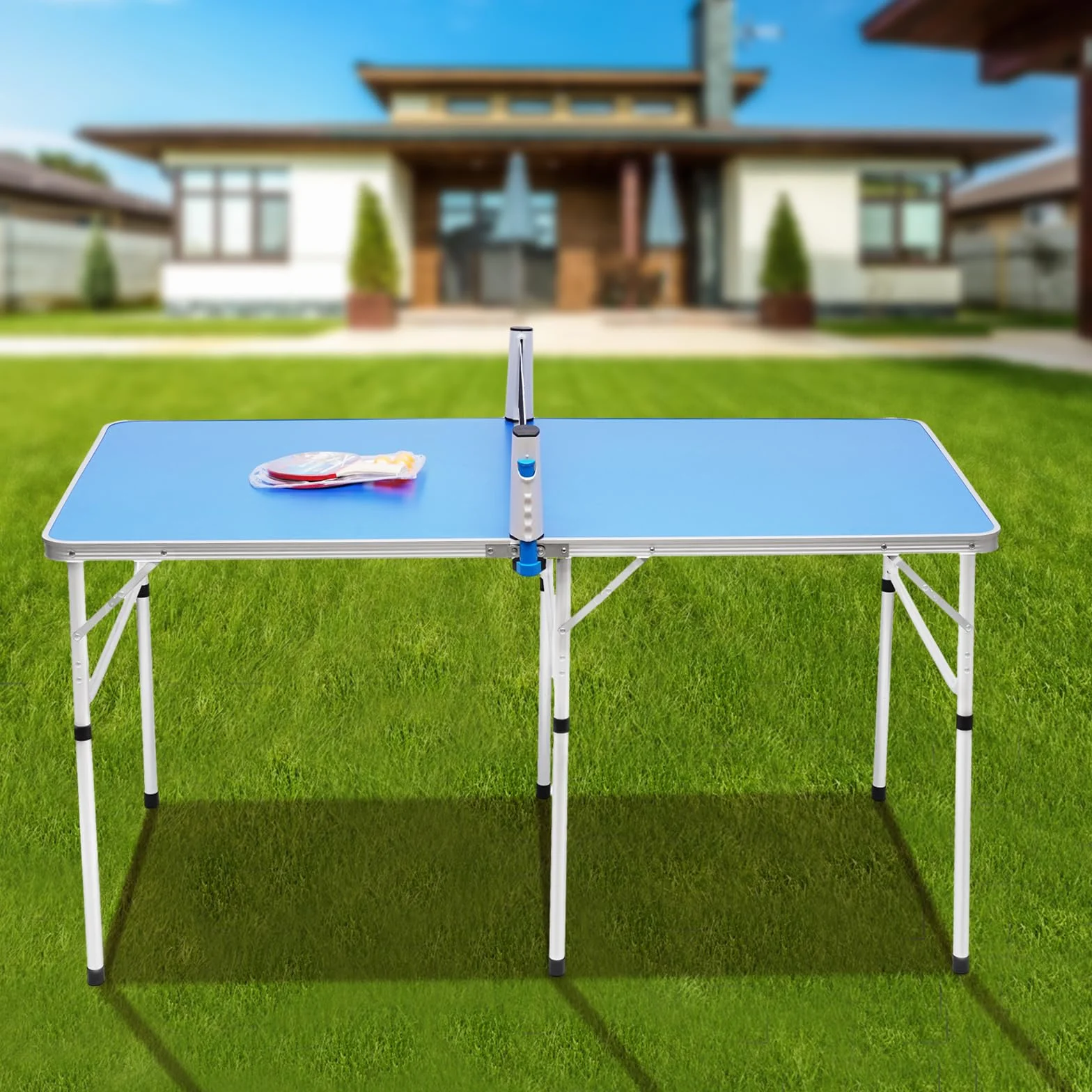 Tavolo da ping pong pieghevole, portatile, tavolo da ping pong, tavolo da ping pong blu, con 2 racchette da ping pong, 3 palline, tavolo da ping pong, per giochi interni ed esterni, 152 x 76 x 76 cm