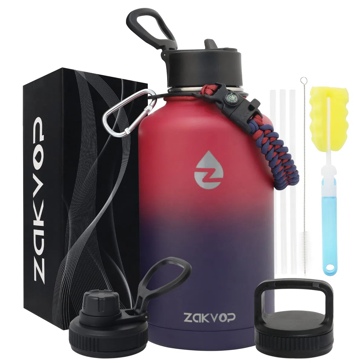 Borraccia Termica 2 Litri con Cannucce e 3 Coperchi, Borraccia Acciaio Inox con Manico in Paracord, Bottiglia Termica con Spazzole per Palestra, Escursionismo, Campeggio (Rosso+Viola)