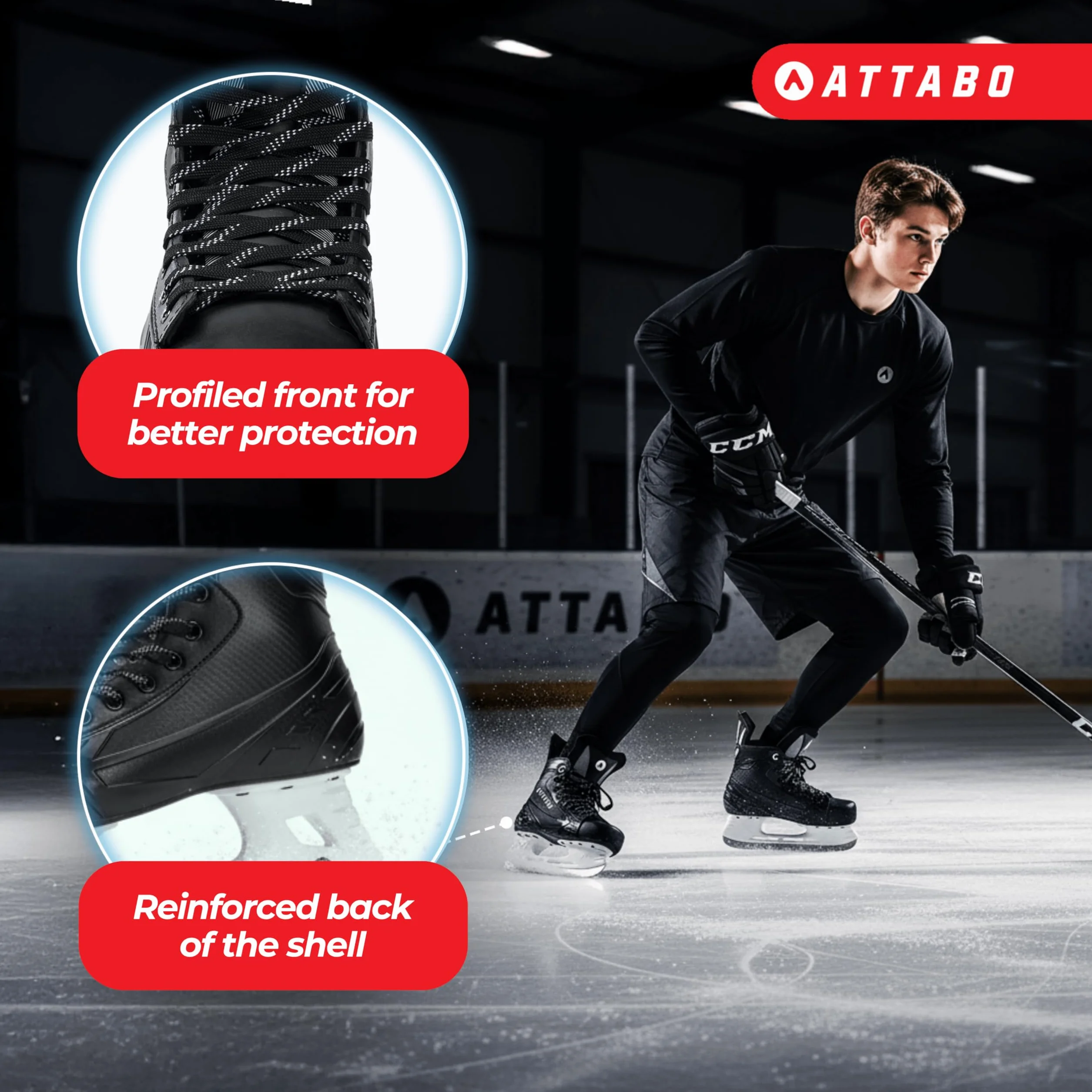ATTABO Pattini da Hockey su Ghiaccio, da Uomo, in Nero, Taglia 39 EU, in Acciaio Inox, Resistente, Stabile Protezione della Caviglia, Chiusura con Lacci, Comodi e durevoli per esperti
