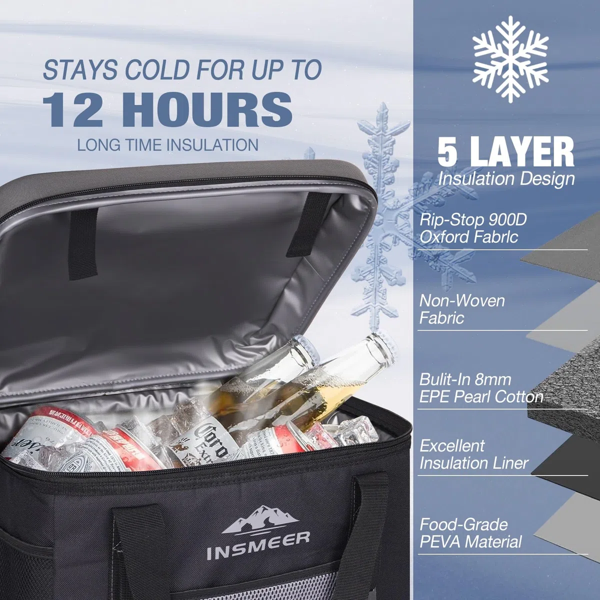 INSMEER Grandeborsa frigo da 40 l, 60 lattine, pieghevole, con coperchio rigido in EVA per bevande, borsa termica per 4 persone, campeggio, spiaggia, viaggi