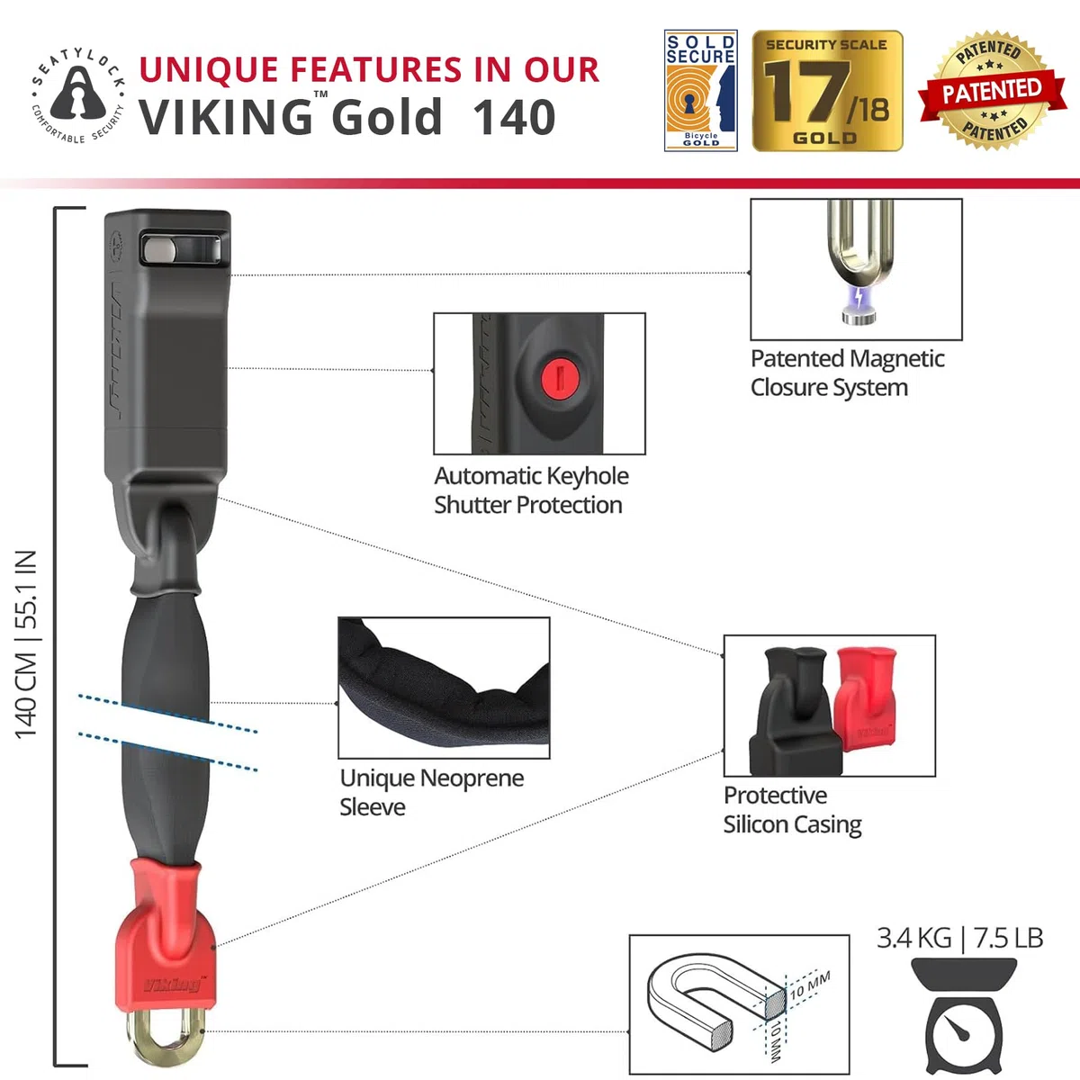 Seatylock Viking - Lucchetto a catena per bicicletta con chiave - Magnetico brevettato con classificazione Sold Secure - Resistente antifurto Heavy Duty - Lucchetto intelligente ultra sicuro per
