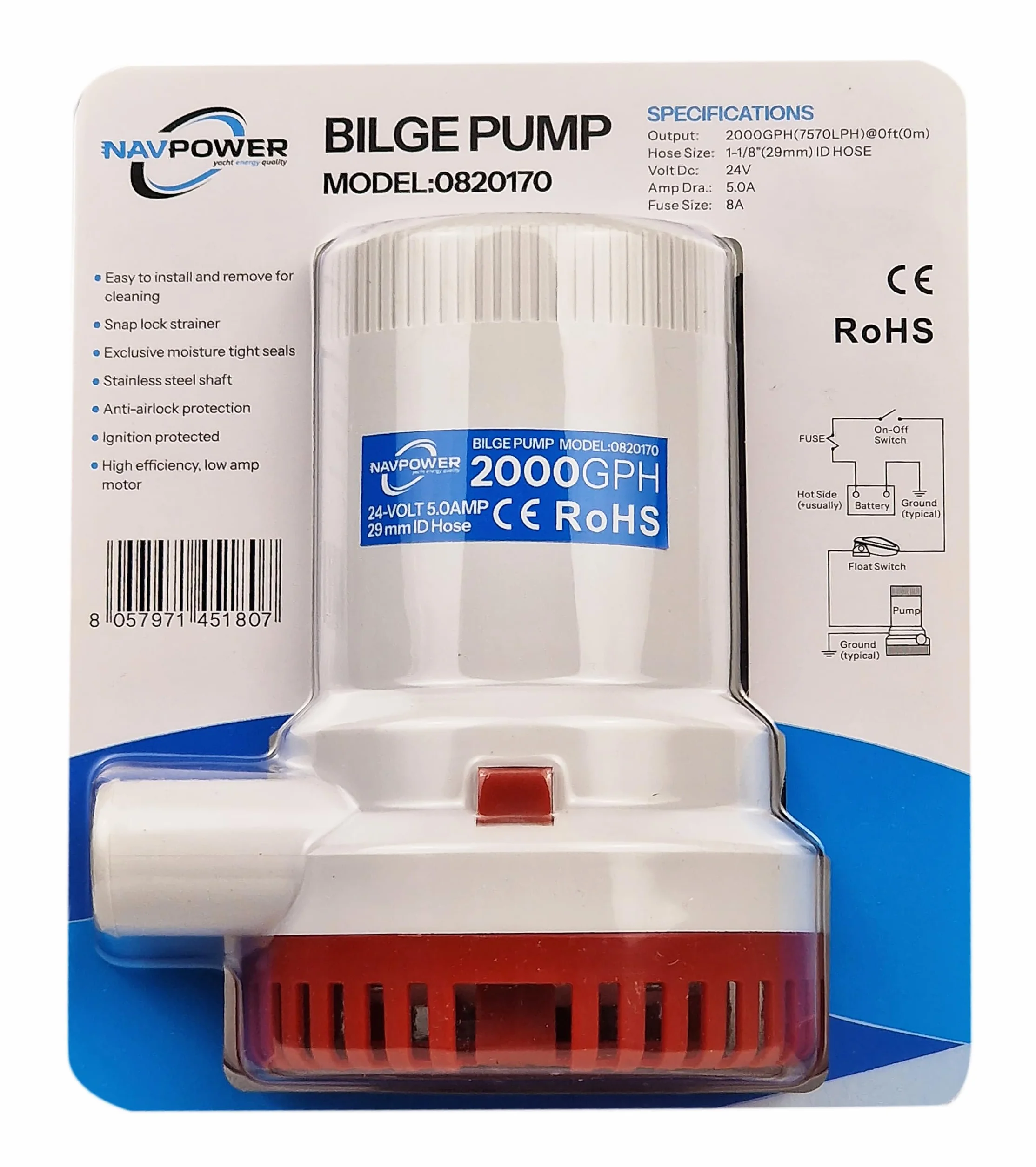 NAVPOWER Pompa di Sentina 12V | 1500 GPH / 2000 GPH – Alta Portata, Resistente e Compatta per Imbarcazioni, Yacht e Gommoni (2000 GPH)