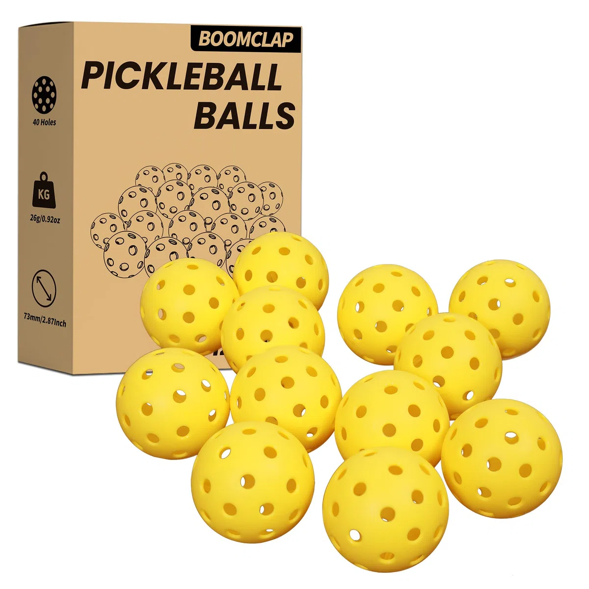 BOOMCLAP Set di 12 palline da pickleball da esterno, soddisfano i requisiti USAPA, buon equilibrio, rimbalzo stabile, affidabile, durevole, giallo