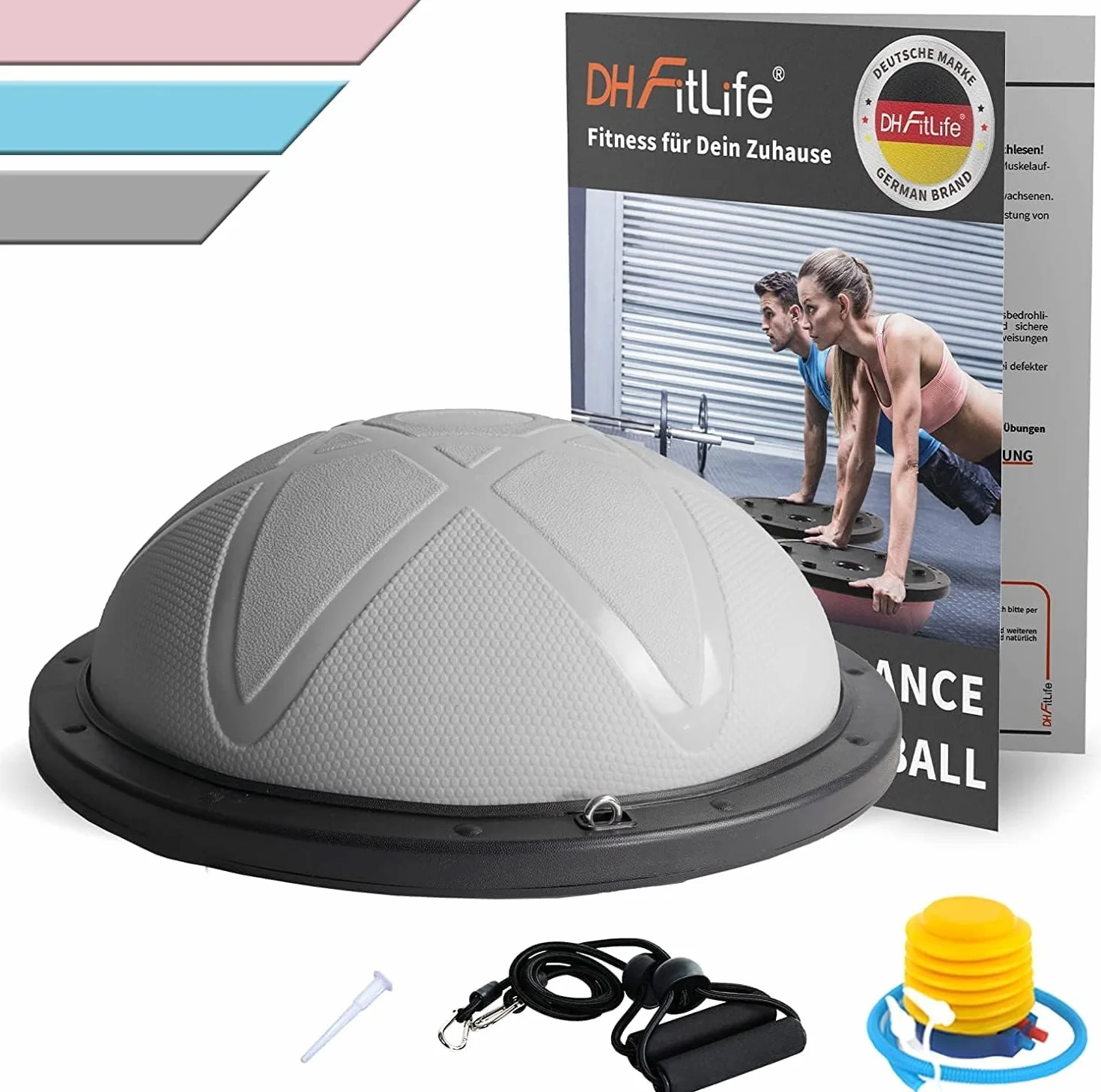 DH FitLife Balance Ball | Yoga Balance Trainer Φ60x22 cm | Portata 200 kg | Mezza Palla Antiscivolo & Anti-Scoppio | Allenamento Core, Stabilità & Equilibrio | Balance Board con Pompa & 2 Fasce Fitness