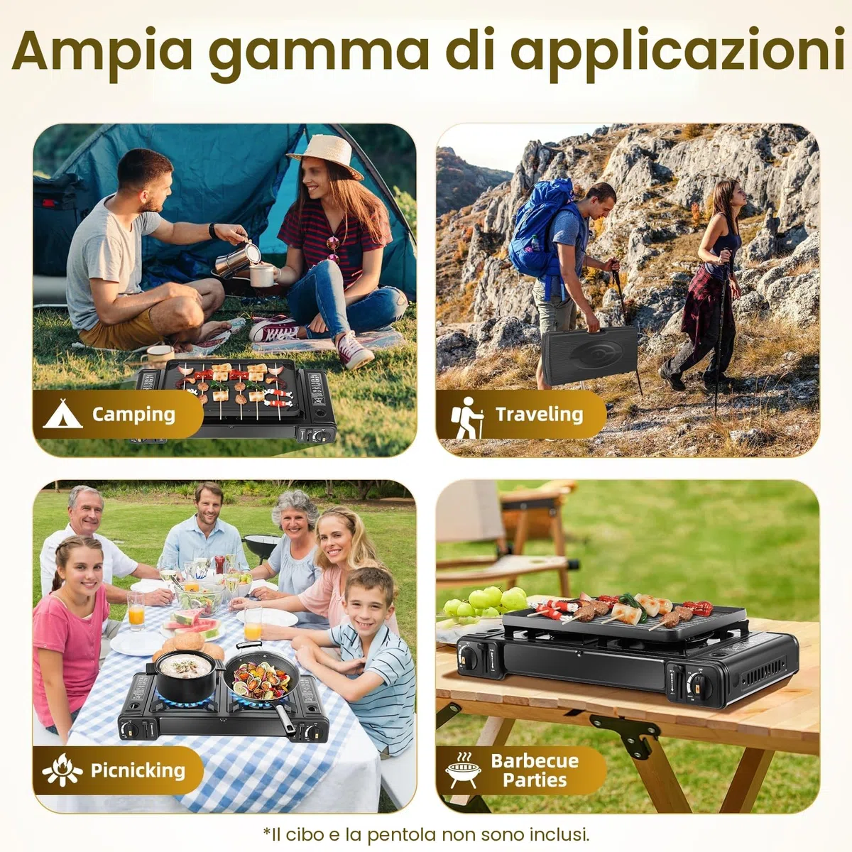 Fornello a gas a 2 fuochi, per bombola a gas, portatile, da campeggio, per esterni, in alluminio, con piastra per picnic