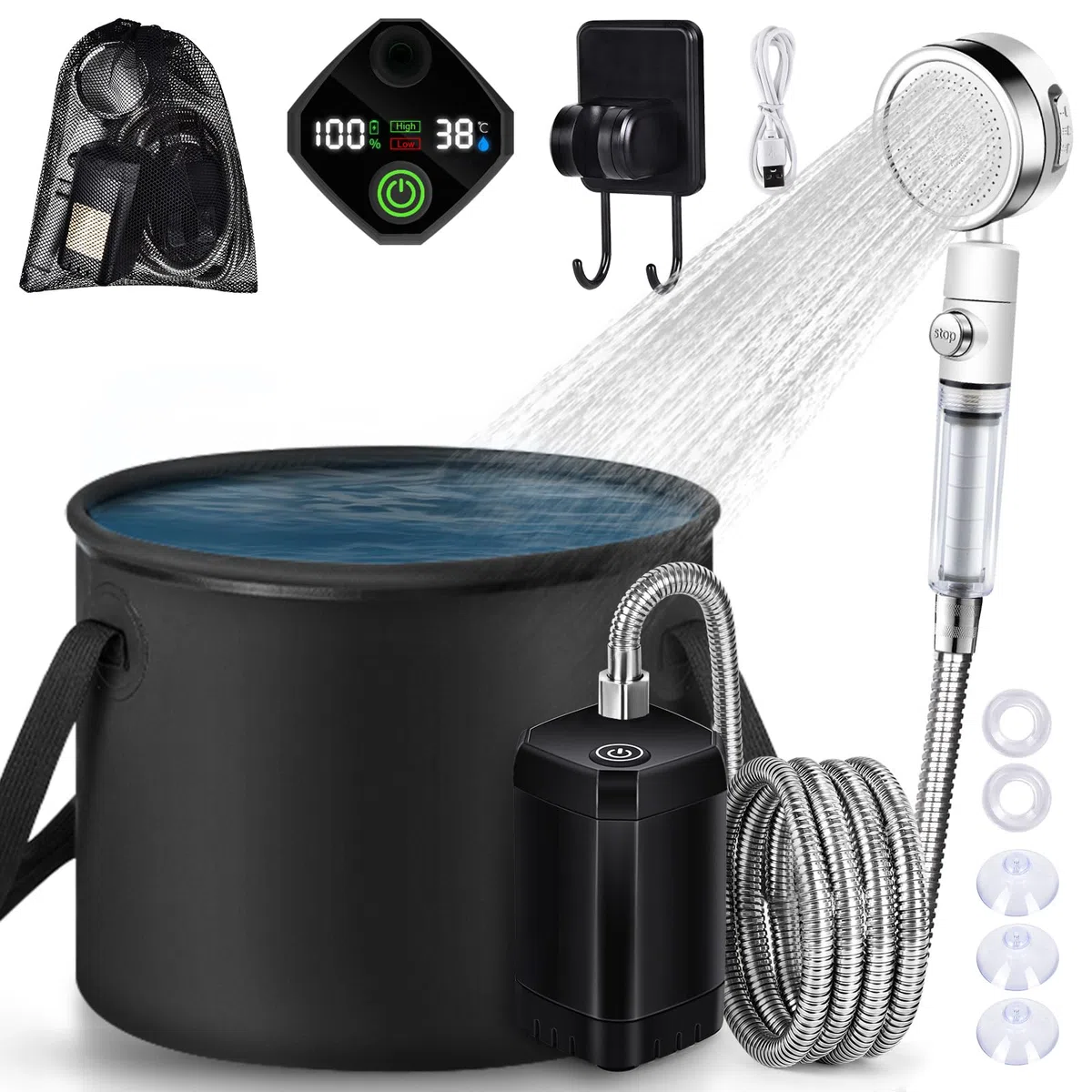 YOOHBERRYS Doccia Portatile, Doccia Campeggio Aggiornata con 20L Secchio Pieghevole Doccia Elettrica con Batteria da 6000 mAh, Doccia Filtrabile, Display Ddella Temperatura per Giardino, Campeggio