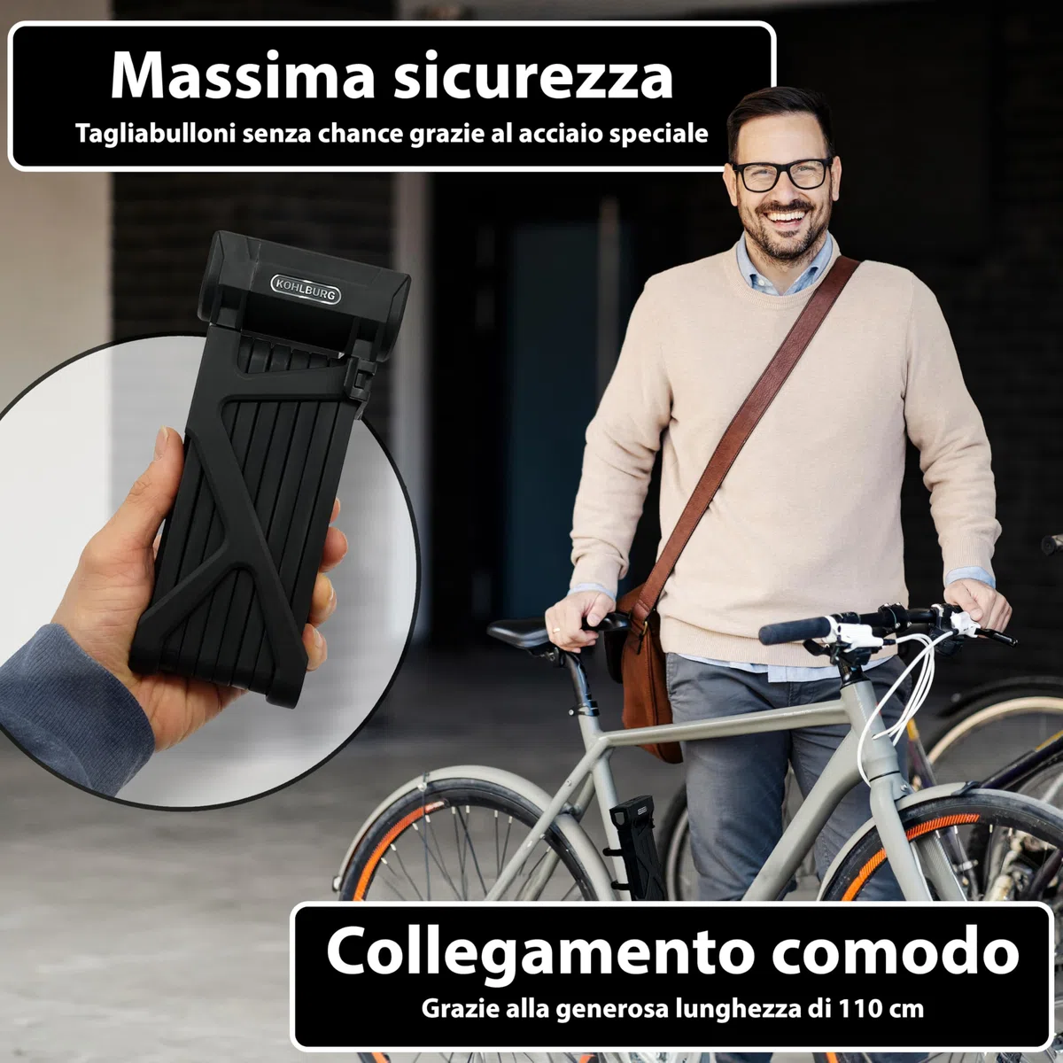 KOHLBURG Antifurto pieghevole bici 110cm chiave [resistente ai tronchesi] come antifurto per bicicletta elettrica – Antifurti per bicicletta ad alta sicurezza con supporto e-scooter – Bike Lock
