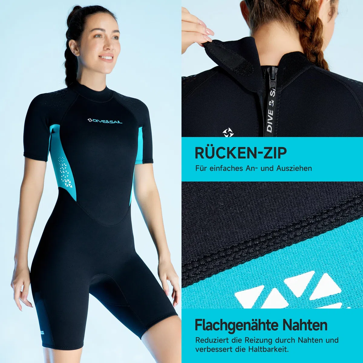 Mute corte in neoprene per uomo e donna, 3 mm, muta subacquea in neoprene, chiusura posteriore, a maniche corte, per immersioni, snorkeling, surf e nuoto