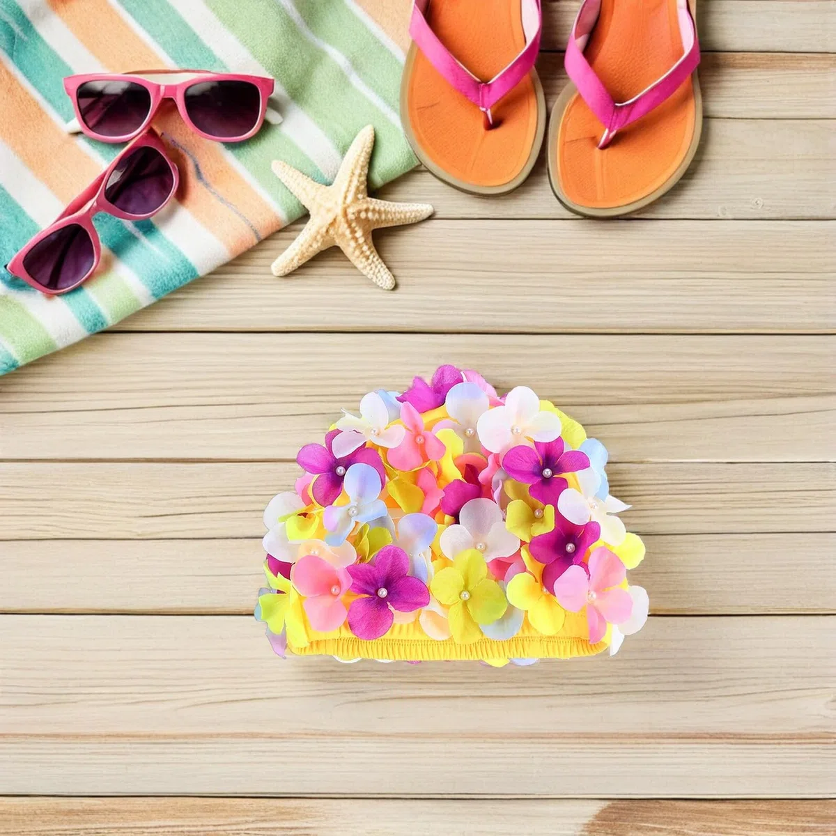 Housoutil 3 Pezzi Cuffia da Nuoto Donna con Design a Petalo Floreale in Chinlon, Leggera con Riduzione della Resistenza All'acqua, per Piscina e Protezione Chioma
