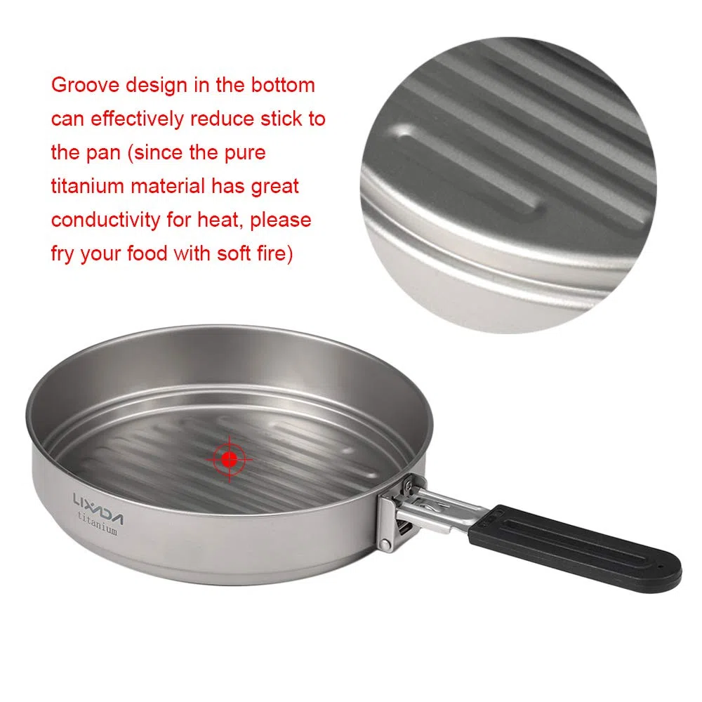 Lixada 1100ml Titanium Fry Pan Ultralight Grill Padella Antiaderente da Campeggio Pentole da Campeggio Backpacking Padella in Titanio con Maniglia Pieghevole, Outdoor Cooking Grill Padella