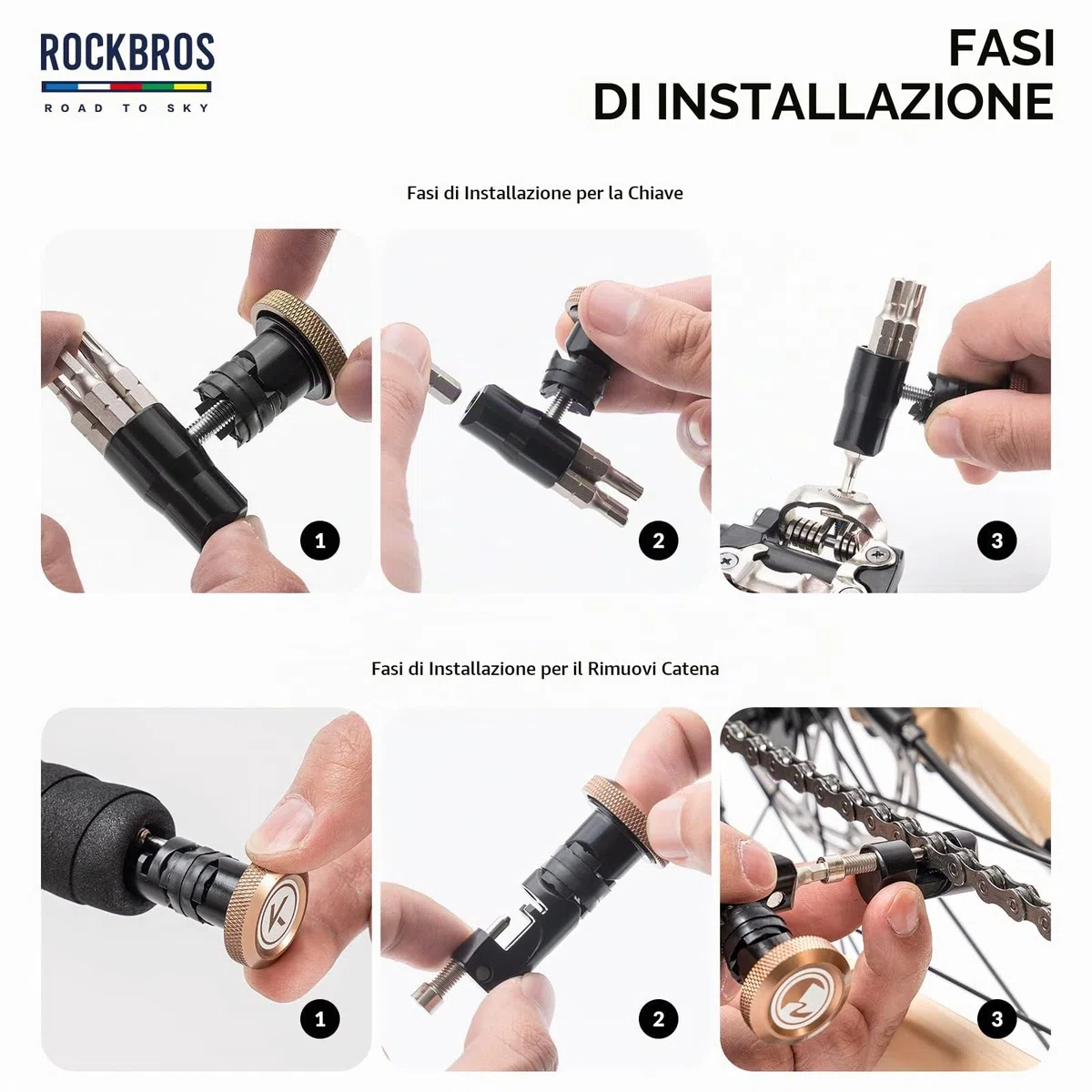 ROCKBROS Road to Sky Attrezzi Multifunzionale Bici, Kit Riparazione 5 in 1 Bicicletta Nascosto, Strumento Tappo Manubrio, Separatore di Catena per Bici da Strada, MTB, BMX