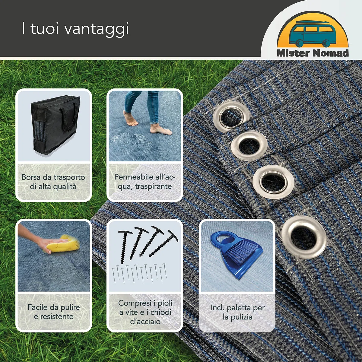 Mr Nomad stuoia campeggio 3,0 m x 2,5 m - tappeto da campeggio blu/grigio in polietilene, pavimento ideale per veranda con borsa per il trasporto, 4 picchetti a T e 12 chiodi in acciaio