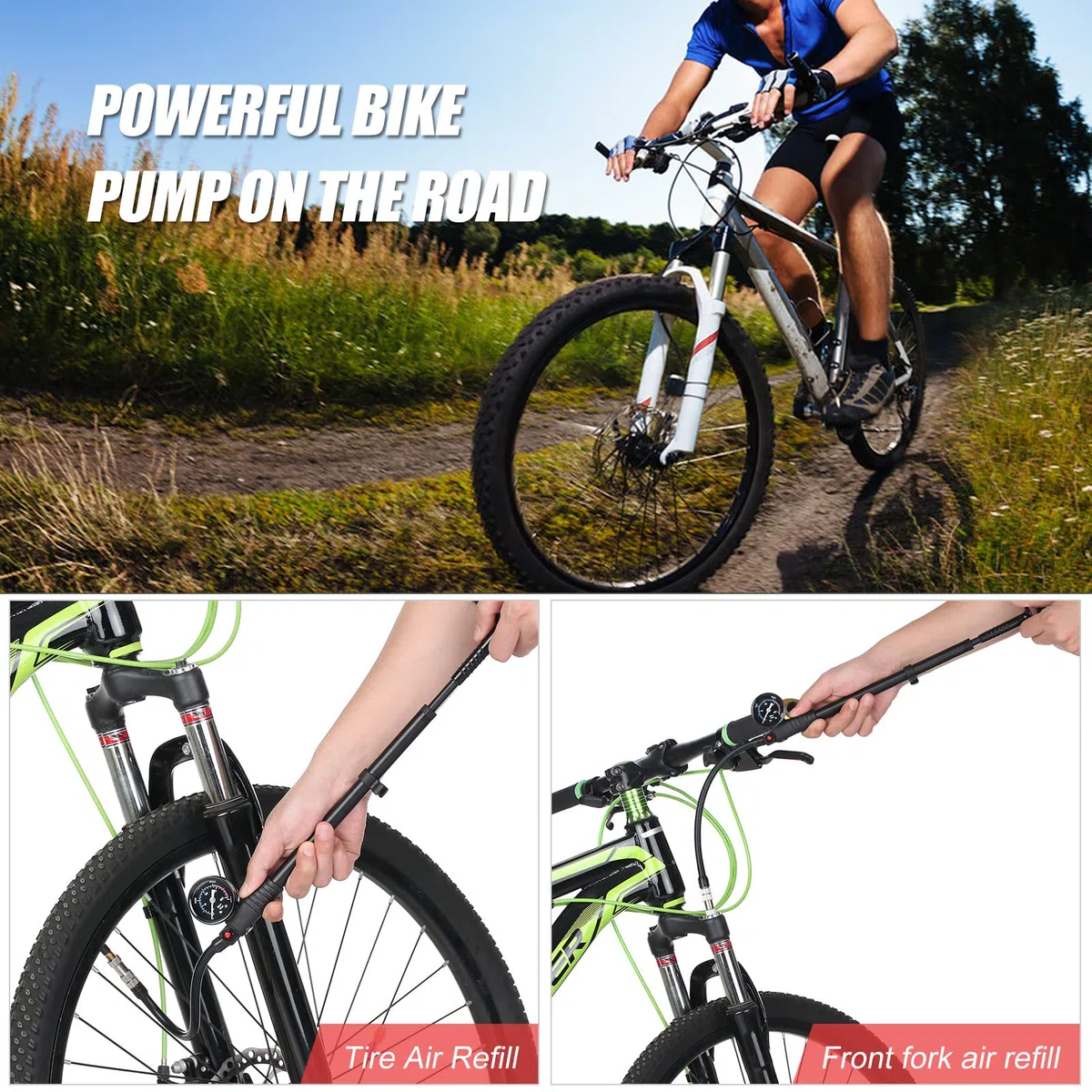 Pompa per ammortizzatori ad alta pressione 300 PSI Pompa ad aria Presta Schrader Valve Pompa per bici da strada con manometro per forcella anteriore e sospensioni posteriori per bicicletta Ammortizz