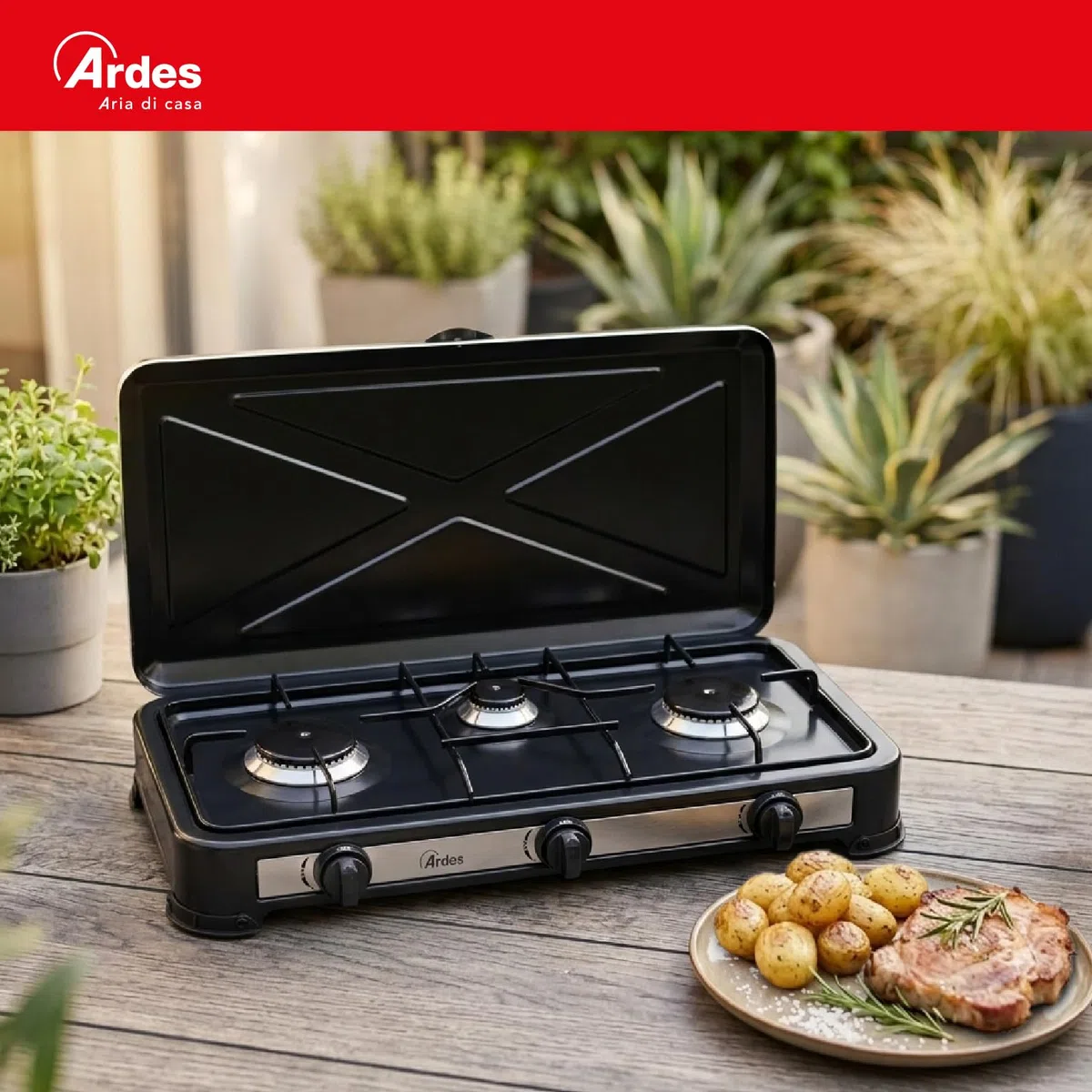 ARDES AR1FG03 Cucina a Gas Butano Portatile – 3 Fuochi – Potenza Totale 2,9 kW – Griglia Removibile – Coperchio di Trasporto – Fornello Camping Gas GPL per Esterno