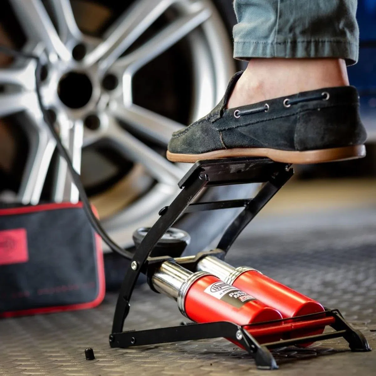 HEYNER, pompa d'aria Pedalmax di qualità a pedale, a doppio cilindro, con manometro, 10 bar