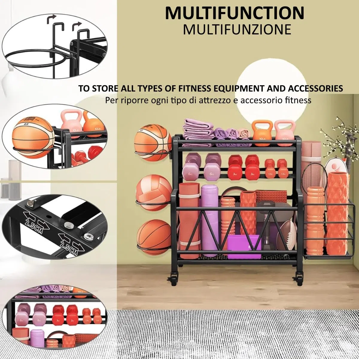 FFitness Rastrelliera per Manubri con Ruote Per Attrezzatura da Allenamento Supporto Pesi Attrezzi Yoga Tappetini Kettlebell Rack Palestra Domestica Gym