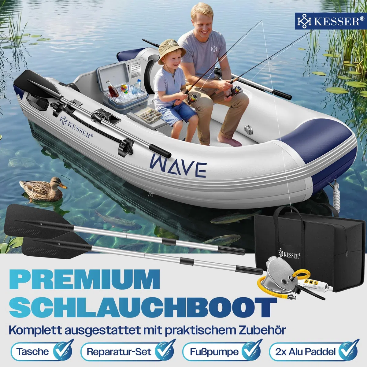 KESSER® Gommone Wave 230-320 cm, set da 6 pezzi gonfiabili – barca + panca, pompa ad aria, pagaia, kit di riparazione, borsa, barca da pesca, barca a pagaia piccola e grande, combinazione motore