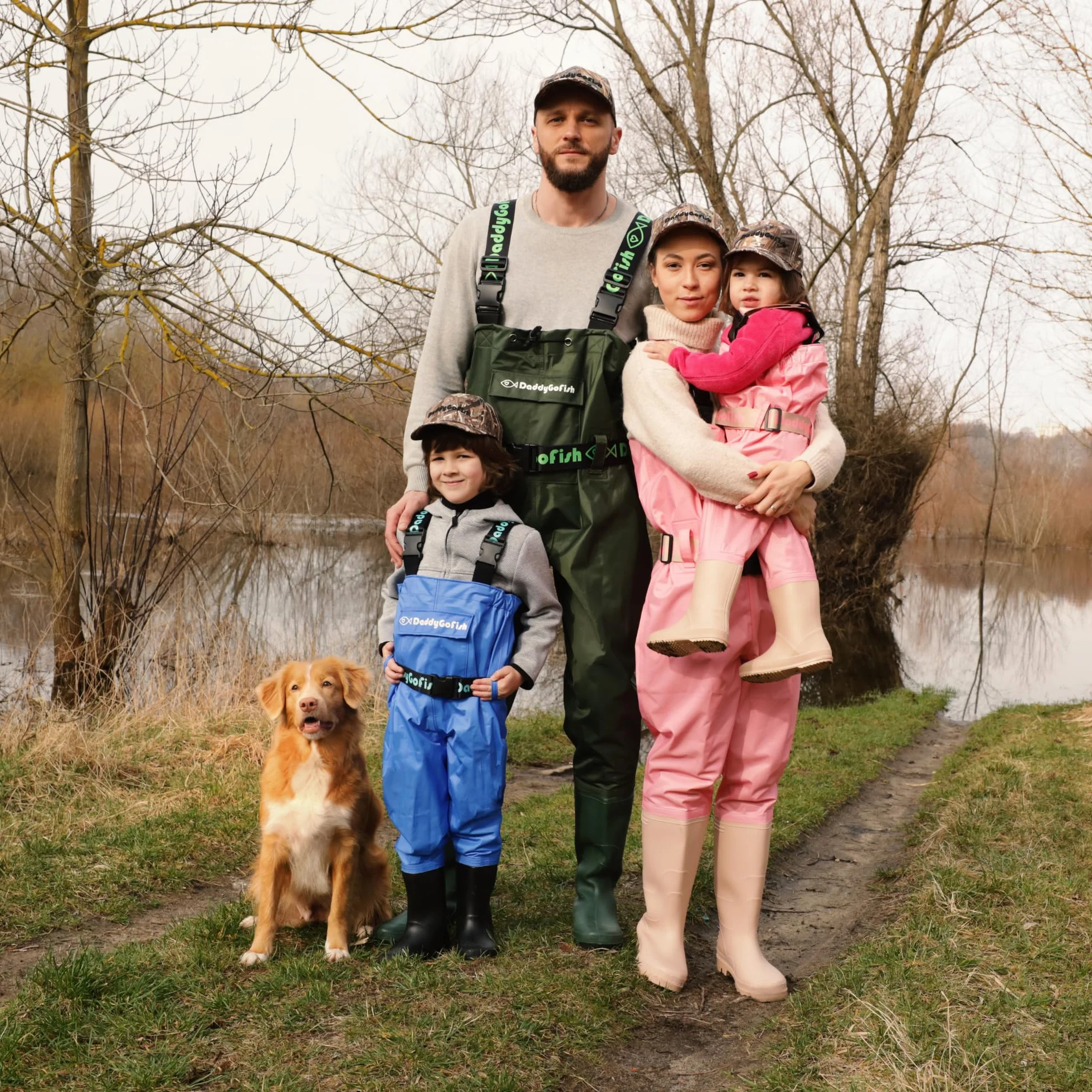 DaddyGoFish Waders bambini e adulti, trampolieri da pesca e da caccia con tasca e gancio per trampolieri