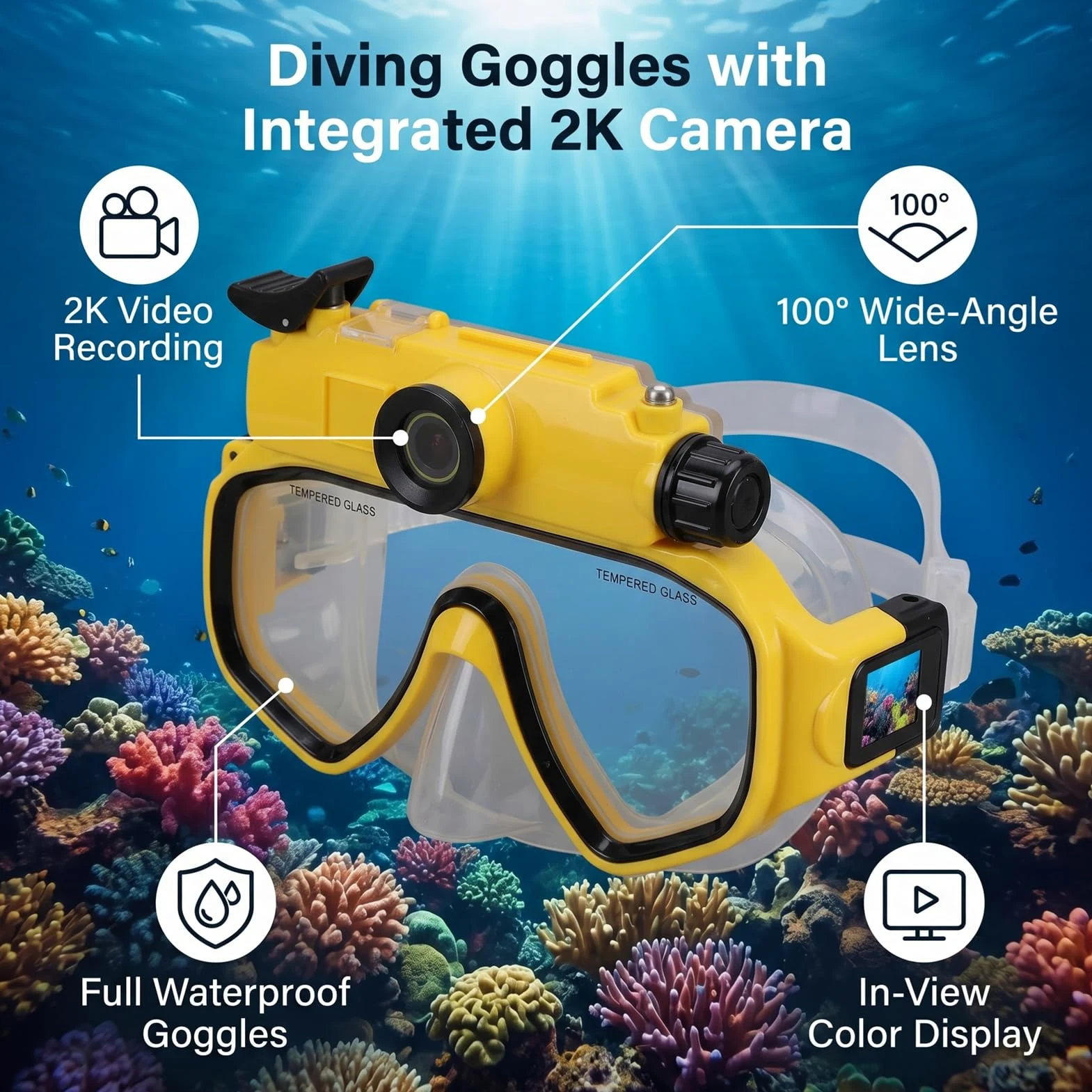 CCYLEZ Maschera Subacquea con Videocamera 2K, Angolo Grandangolare 100° per | Cornice in ABS e Silicone, Impermeabile Fino a 15m, Foto da 50MP, Batteria da 600mAh, Supporto WiFi Tramite app.