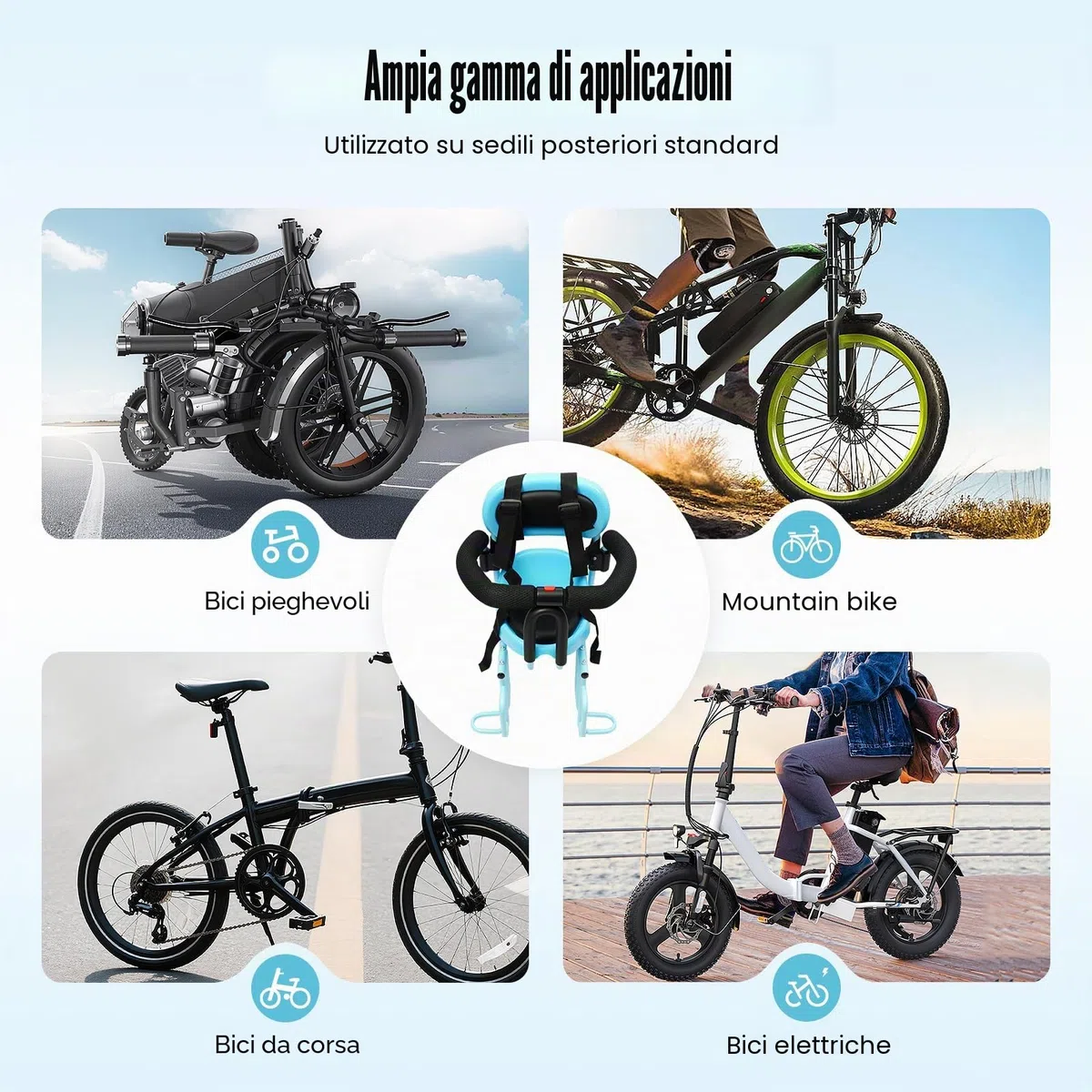 Seggiolino posteriore per bicicletta con imbottitura in schiuma, con parapetto di protezione rimovibile e cintura a 4 punti, resistente con poggiapiedi, per bambini da 6 mesi a 6 anni
