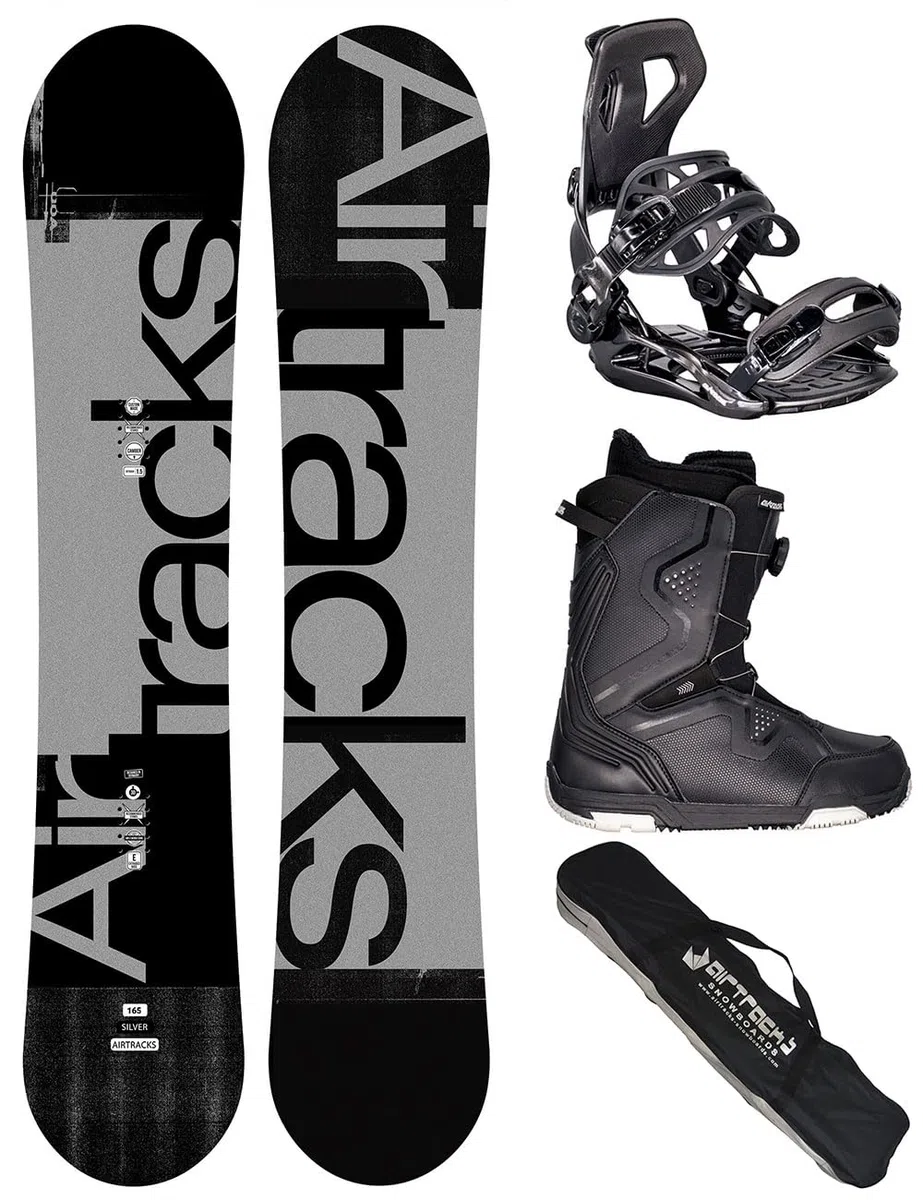 Airtracks Set snowboard da uomo Wide Silver Freestyle Freeride 159 – Snowboard Bindung Master – Softboots Strong ATOP 46 – SB Bag