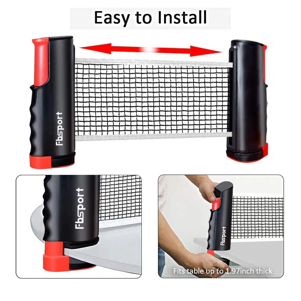 FBSPORT Set da ping pong, set portatile da ping pong con rete retrattile, 2 racchette, 6 palline e borsa per il trasporto, per bambini e adulti, giochi per interni ed esterni, nero