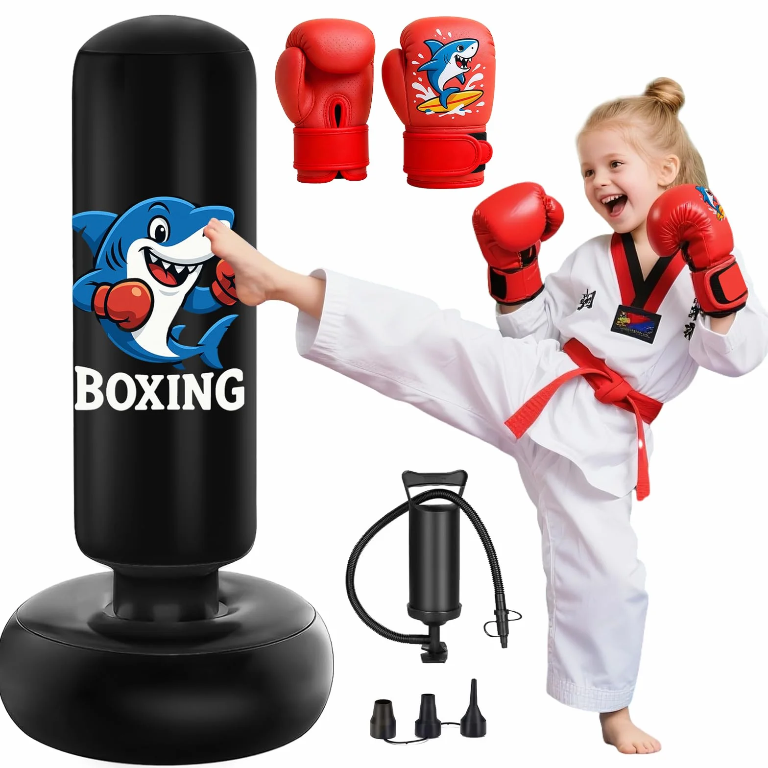 Qoosea Sacco da Boxe per Bambini 3-8 Anni, 130cm Stabile Sacco da Boxe Gonfiabile con Guanti da Boxe, Pratica di Taekwondo Karate Attrezzatura da Allenamento MMA, Regalo per Ragazzi Ragazze