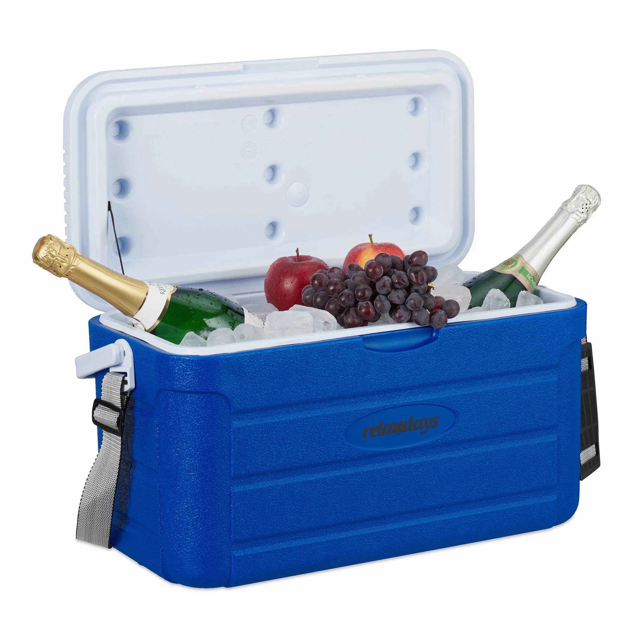 Relaxdays Frigo Portatile 20L, da Viaggio, Tracolla da Trasporto e Manico Senza Elettricità HLP 29 x 52,5 x 26,5 cm, Blu