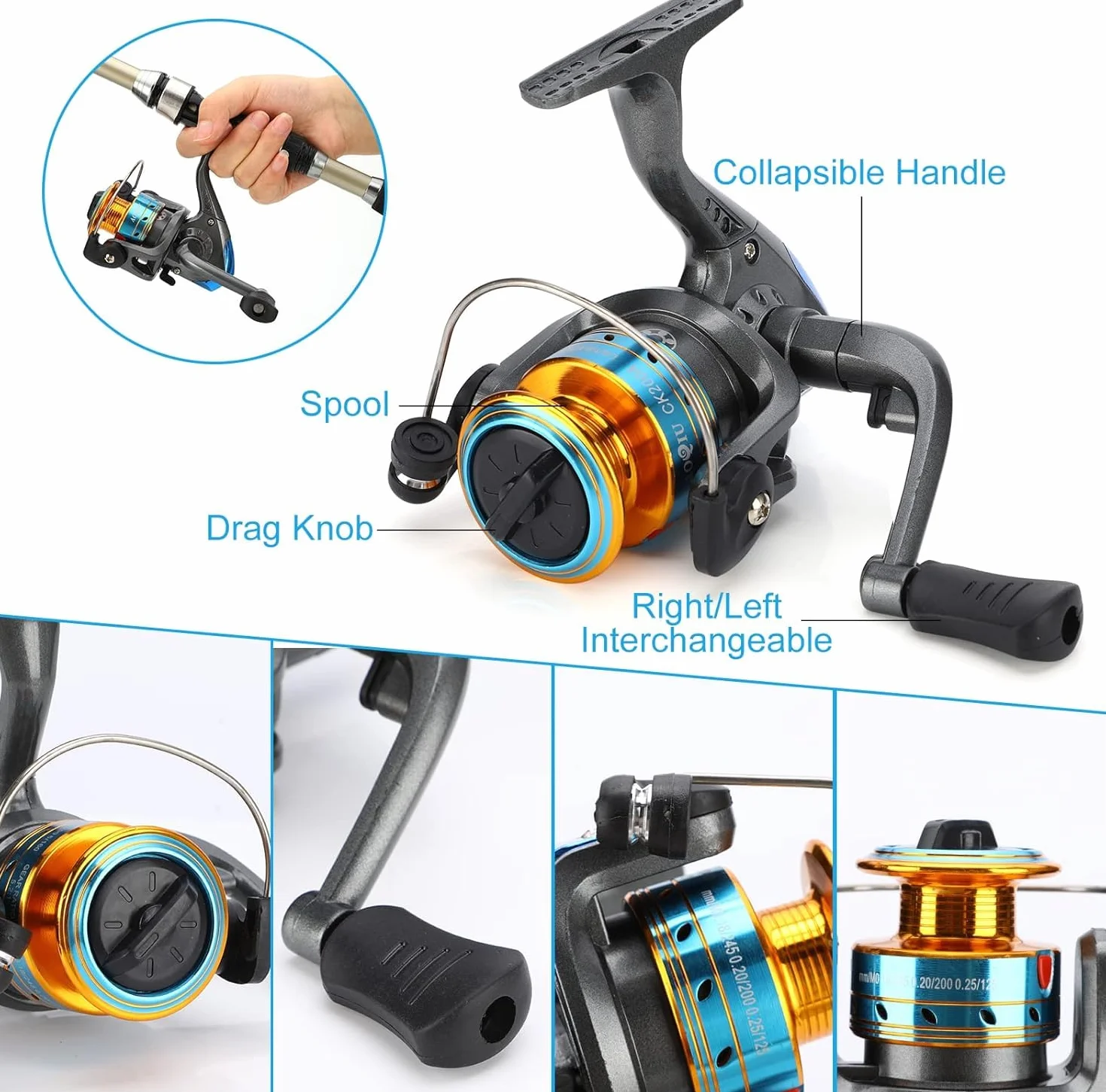 Set composto da canna da pesca telescopica e mulinello, con lenza, esche, borsa per il trasporto, canna da spinning e mulinello per acqua salata e d'acqua dolce