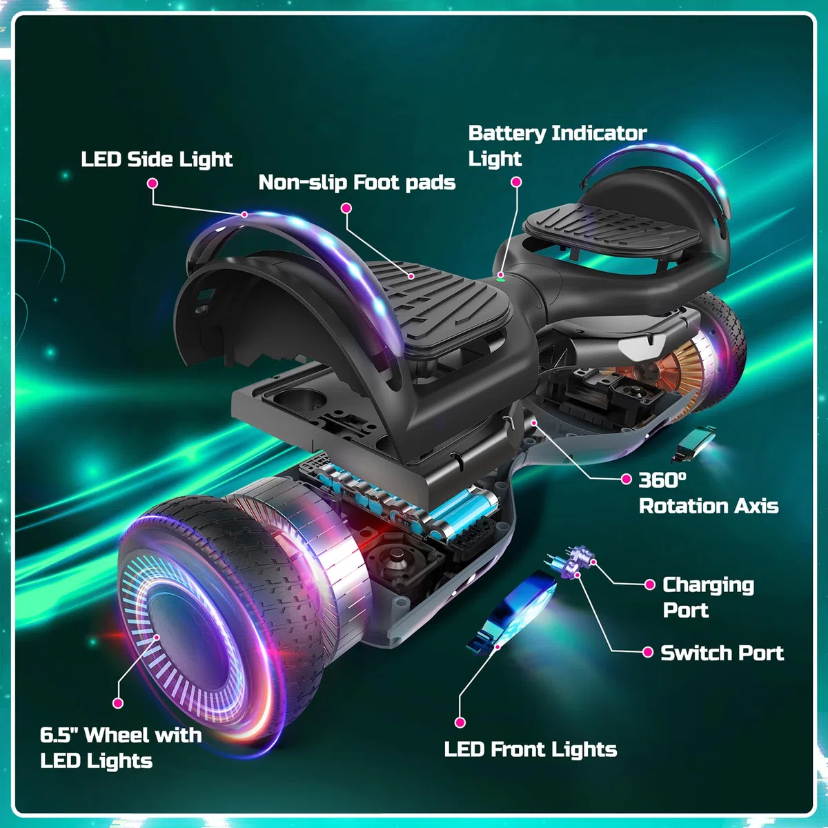 Hoverboard, hoverboard a due ruote da 6,5 pollici con altoparlante Bluetooth, luci LED colorate, regalo per bambini e ragazzi