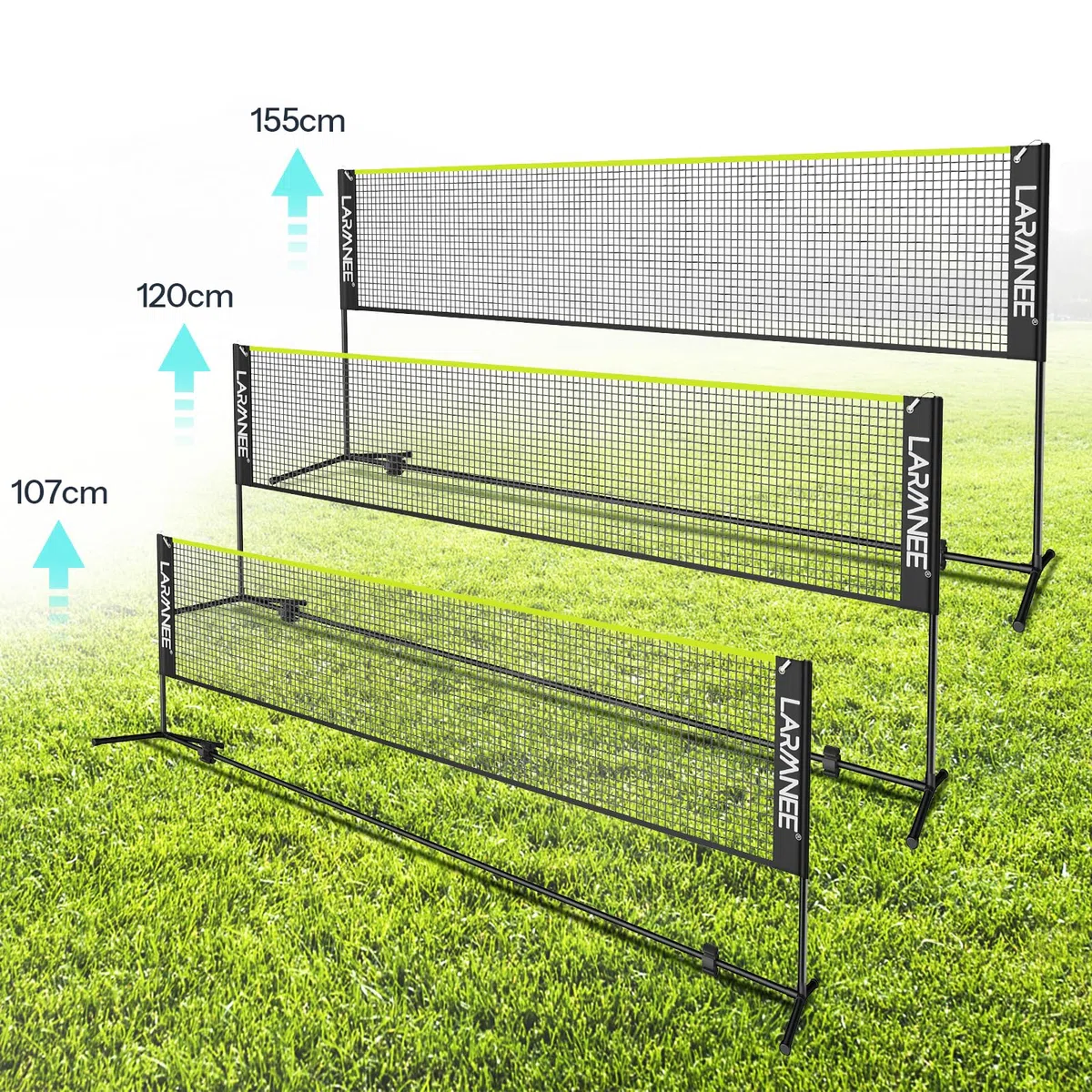 LARMNEE Rete da badminton, rete da pallavolo, rete da volano, regolabile in 3 altezze, 107/120/155 cm, set portatile per tennis, badminton o pallavolo, per giardino, interni, esterni