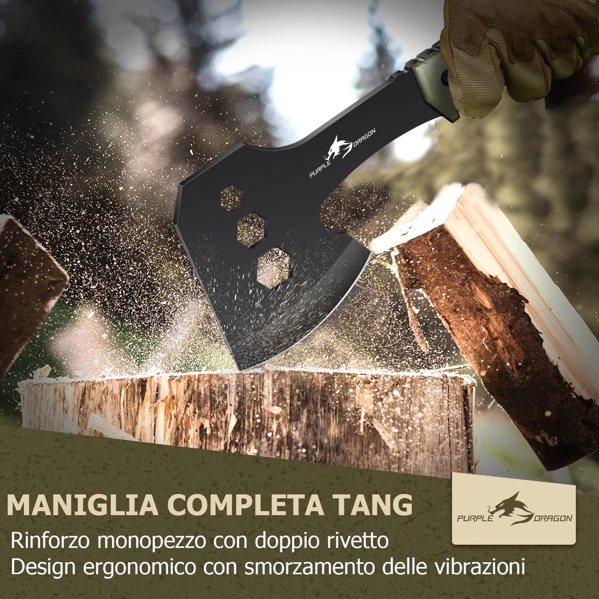 Purple Dragon Set di Coltelli Grandi Ascia Spaccalegna con Fodero, Tomahawk con Manico Full Tang in Acciaio D2 in un Unico Pezzo, Coltello Sopravvivenza Lama Fissa, Coltello Regali per Uomini