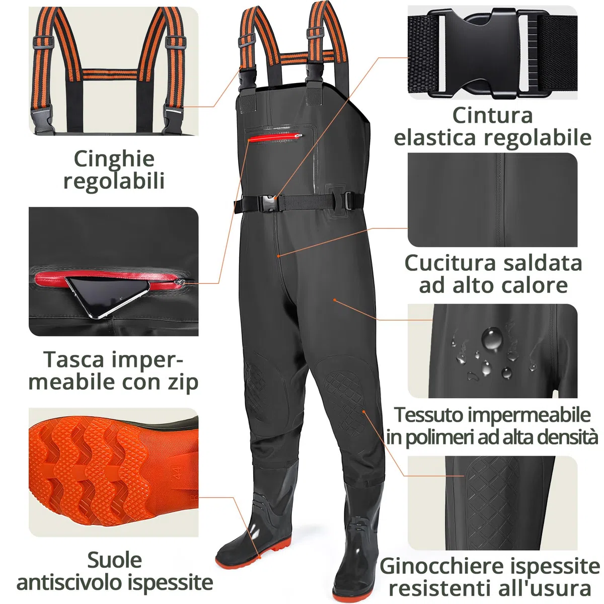 YOOHBERRYS Waders Pesca da Uomo, Waders da Uomo con Stivali da Pesca 42-46, Waders Trampolieri da Pesca, Pantaloni Impermeabili Antiscivolo Regalo per Amanti Pesca Sportiva