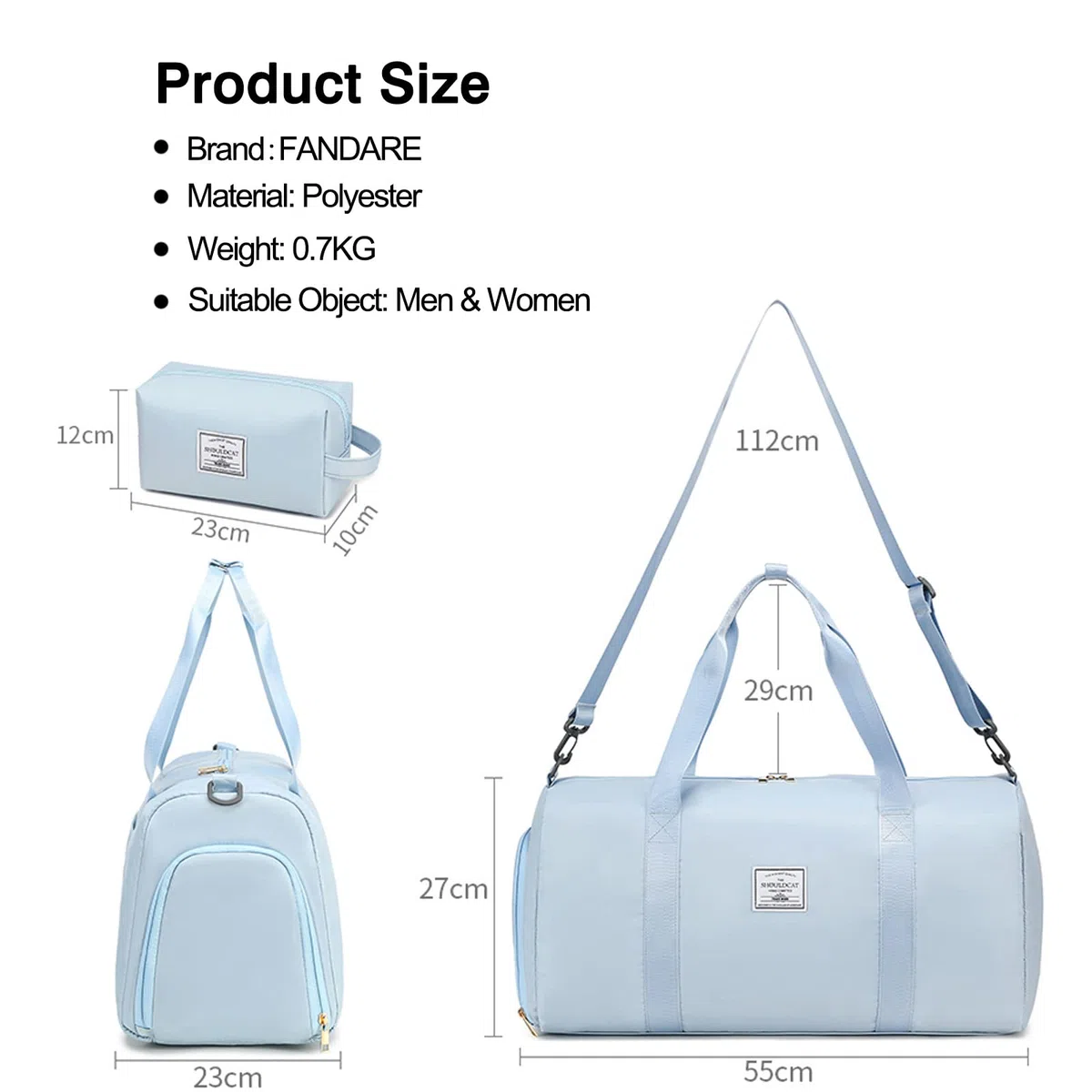 FANDARE Set 2 Pezzi Borsone da Viaggio Donna con Borsa Cosmetica - Borsoni Sportivi Uomo per Palestra, Piscina, Weekender - Tote a Spalla Azzurro