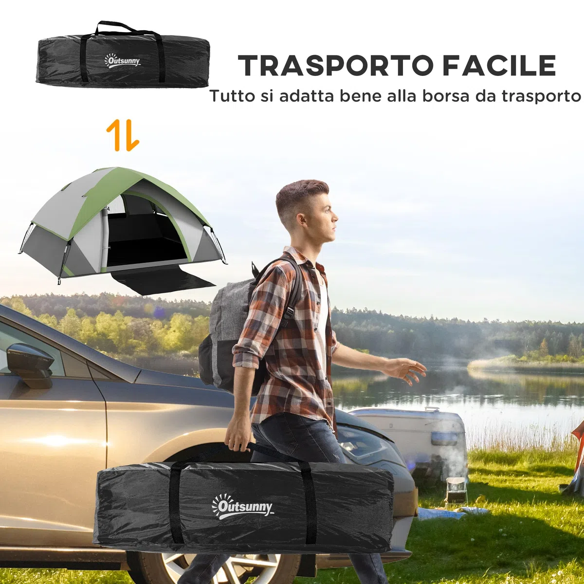 Outsunny Tenda 2 Posti con Finestra a Rete e Gancio per Lanterna, Tenda Campeggio Impermeabile 3000 mm con Borsa di Trasporto in Poliestere, 210x150x110 cm