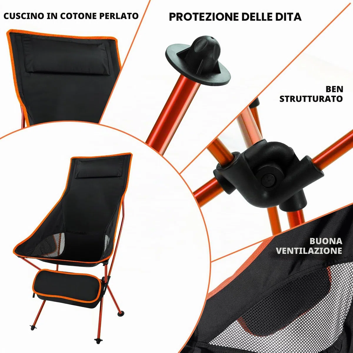 SOPPY Confezione da 2 sedie da campeggio pieghevoli con schienale alto, portatili e leggere, con tasca laterale e borsa per il trasporto, per escursioni, viaggi, picnic, pesca, arancione