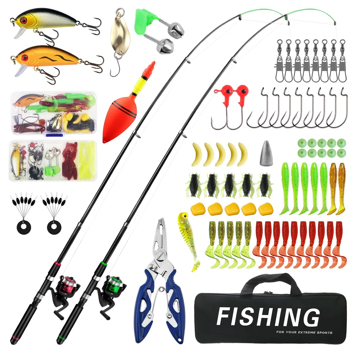 Set da pesca per bambini con 2 canne telescopiche da 180 cm, set completo di canne da pesca con rulli, esche e accessori, borsa per il trasporto, regalo ideale per ragazzi e ragazze