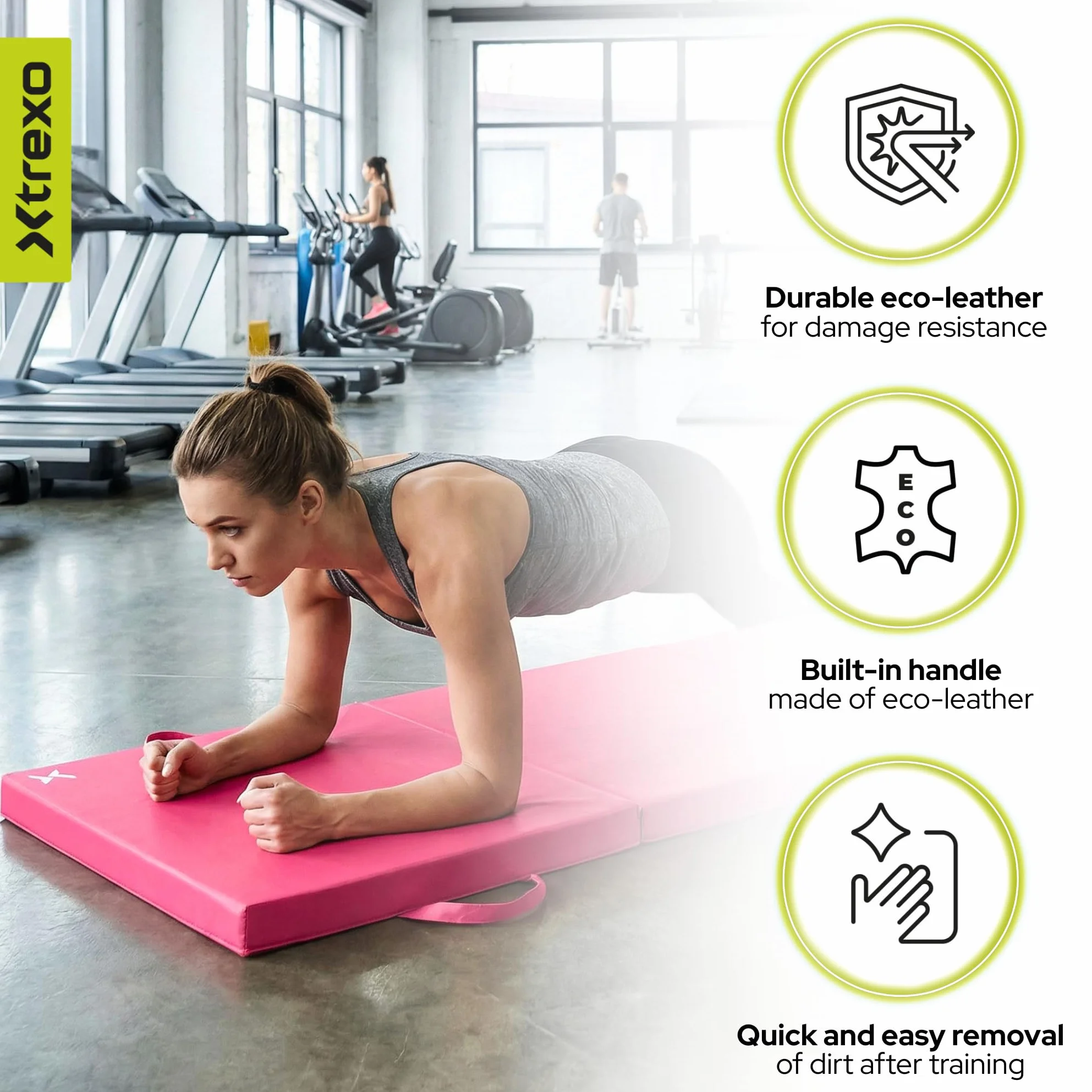 TREXO Materasso da ginnastica pieghevole, 180 x 60 x 5 cm, 3 pezzi, rivestimento in pelle ecologica resistente all'abrasione, schiuma PE flessibile, maniglia per il trasporto, facile da pulire
