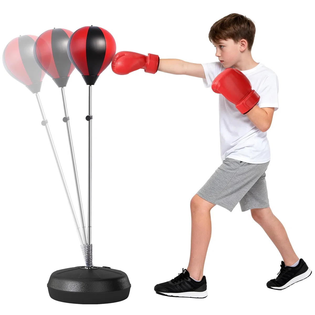 HOMCOM Set Punching Ball da Terra per Adolescenti con Guantoni e Pompa, Pungiball Boxe con Altezza Regolabile su 4 Livelli da 125-145 cm, Nero e Rosso