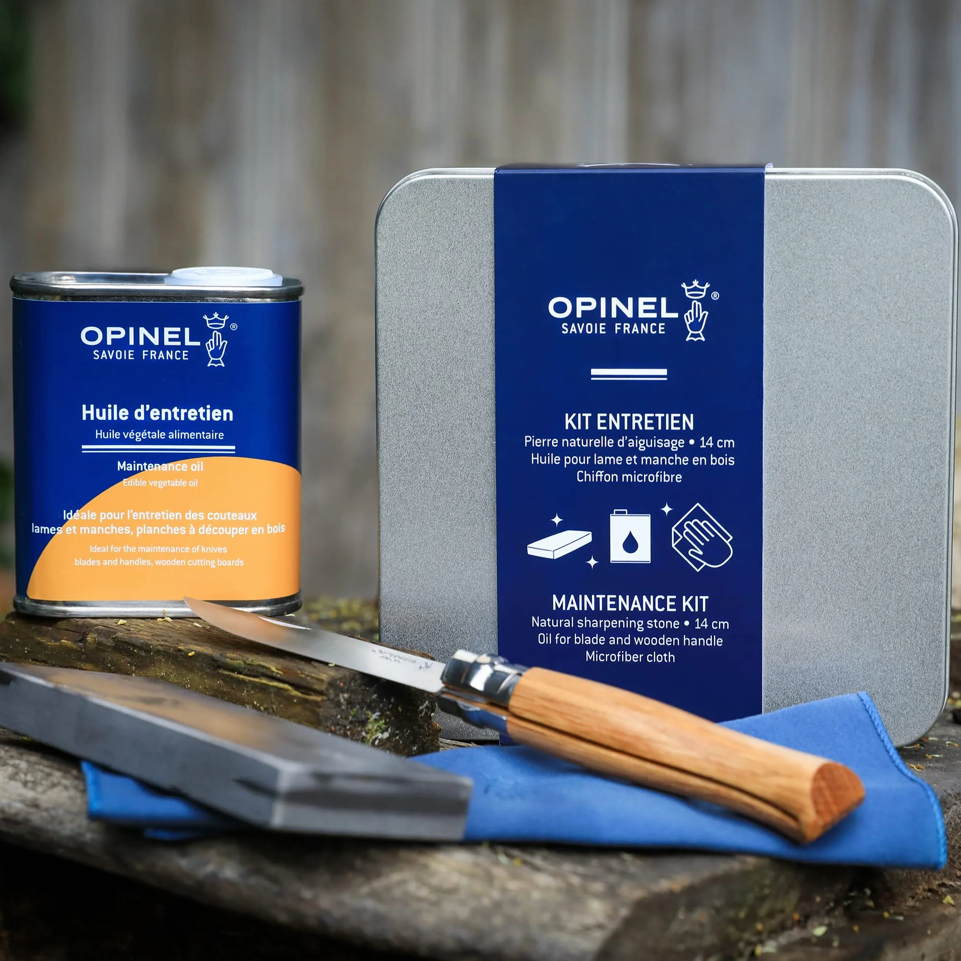 Opinel - Kit di Manutenzione per Coltelli - 1 Scatola di Stoccaggio, 1 Pietra per Affilare Grande, 1 Bottiglia di Olio, 1 Panno in Microfibra di 20 x 20 cm - Garanzia a Vita