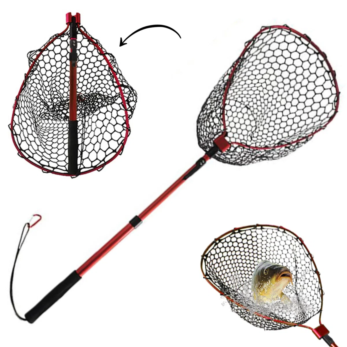 48 Rete da pesca in silicone pieghevole telescopica, guadino in alluminio con manico EVA