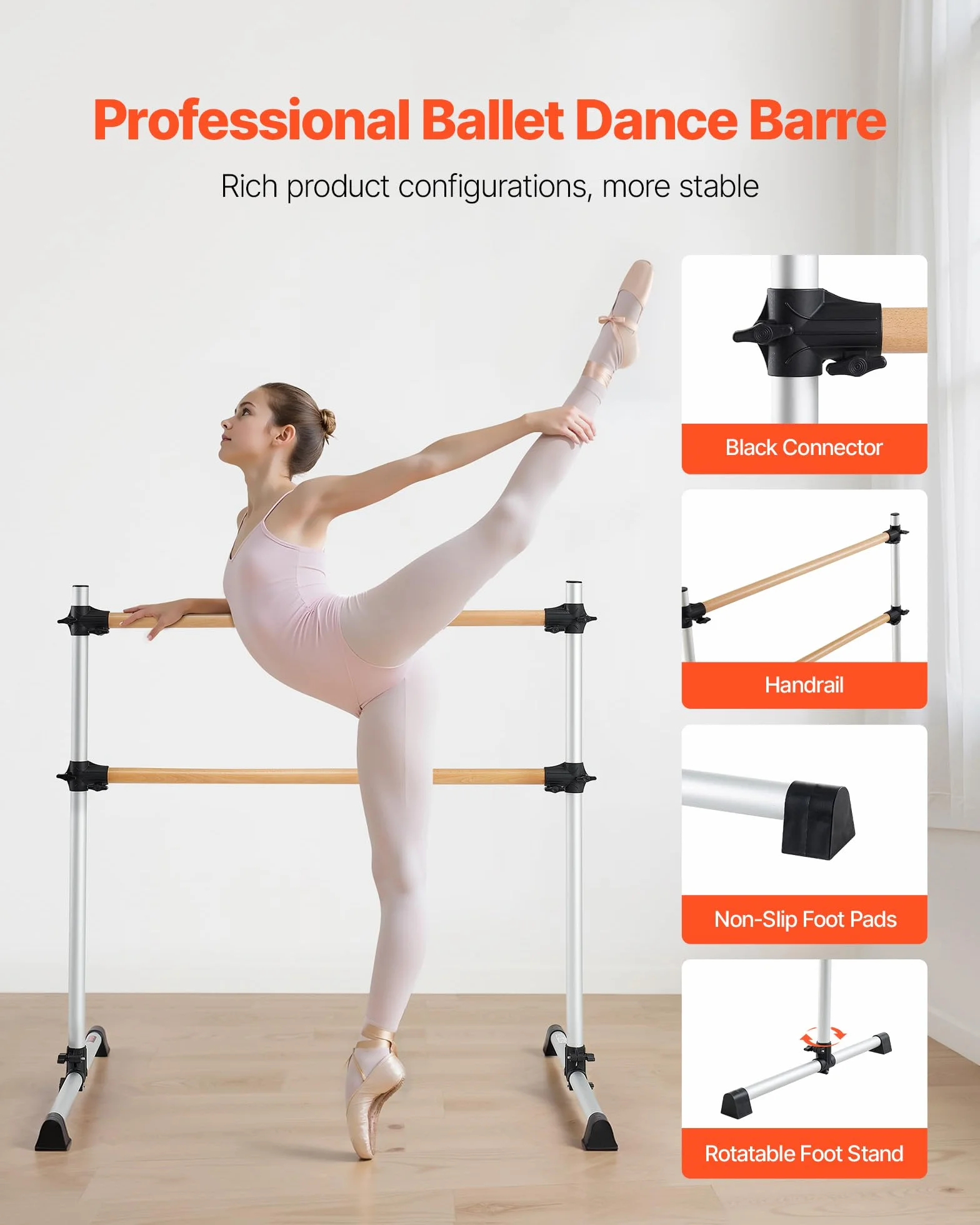 VEVOR Sbarra da Danza Classica, Doppia Sbarra in Legno di Faggio, Stretching e Danza Classica Portatile e Indipendente, Attrezzatura da Palestra e Regolabile in Altezza, per Allenamento di Pilates