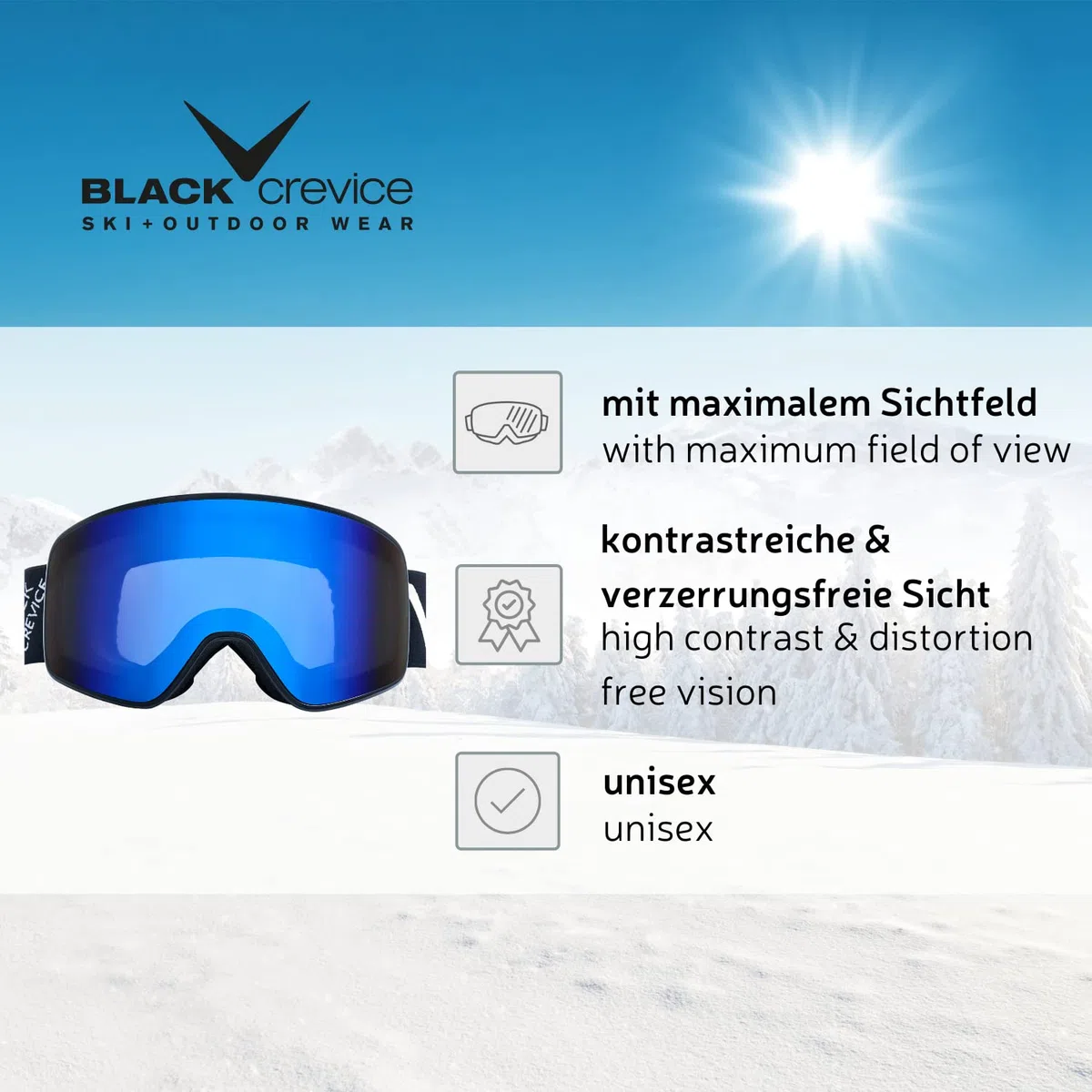 Black Crevice Occhiali da Sci – Schladming – Doppio Parabrezza, Rivestimento Anti-Appannamento, Protezione UV400 (Bianco/Nero, M (Circonferenza Testa 55-58 cm))..
