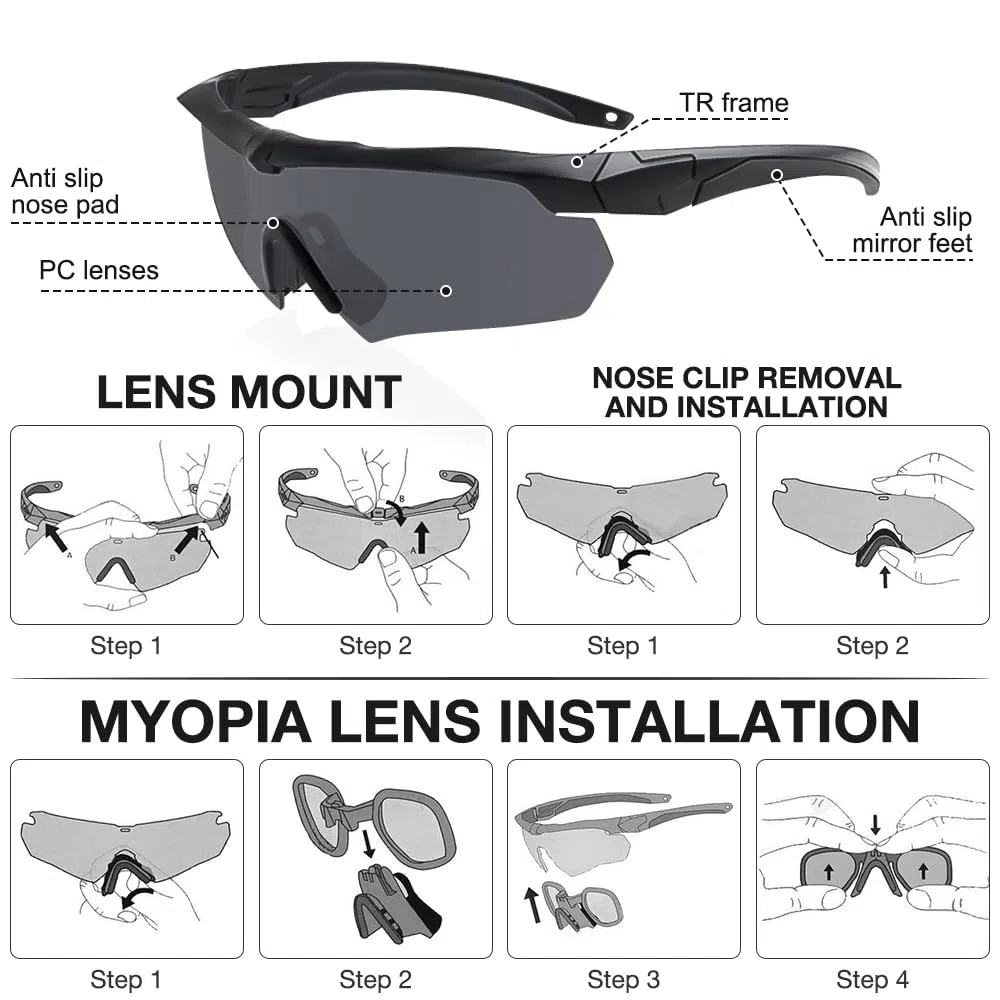 Occhiali da Sole da Uomo Polarizzati, Occhiali Running Uomo con 3 Lenti Intercambiabili, Anti-UV400 Occhiali da Sole Polarizzati, Occhiali Tattici Militari per Caccia, Ciclismo, Escursionismo
